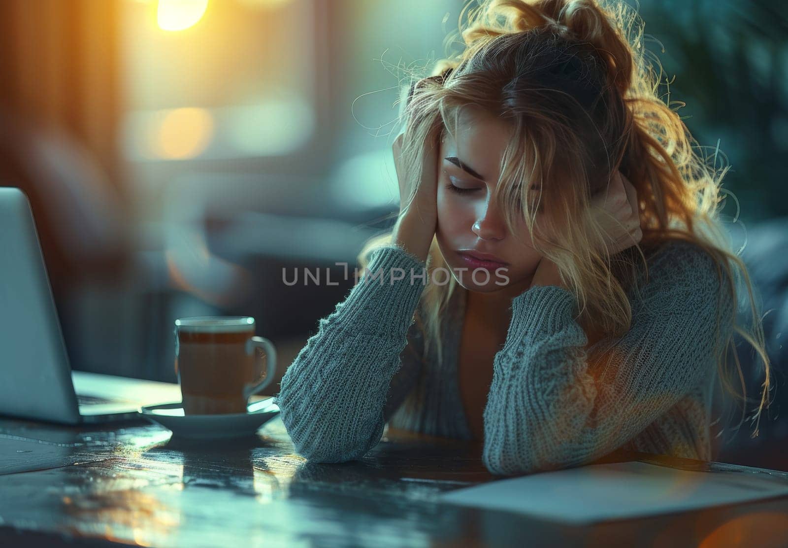 A young woman with long blonde hair sits at a table, her face buried in her hands as tears stream down her cheeks. She is surrounded by the soft glow of evening light, casting long shadows across the table. A cup of coffee sits forgotten beside her, its steam rising in the stillness of the air.