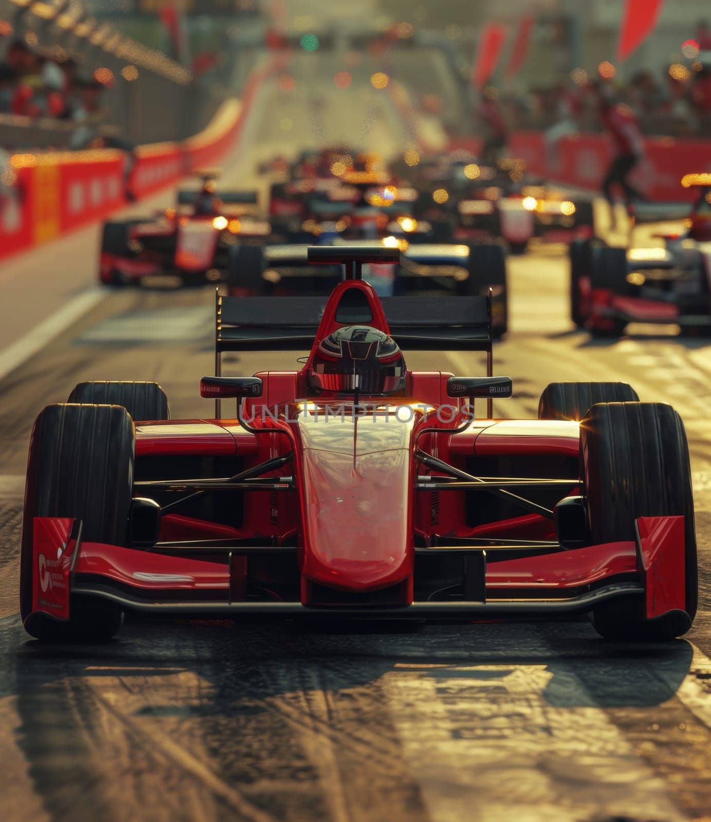 A sleek red race car is zooming down the race track, leaving a trail of excitement behind. The powerful engine roars as it cruises effortlessly around each turn, showcasing its agility and speed.