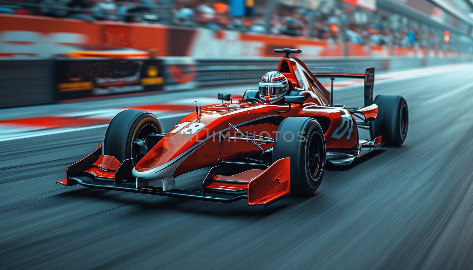 A vibrant red race car speeds down the Formula 1 racetrack, its sleek design cutting through the air as it races towards the finish line. The drivers skill is evident in the precision of each turn and the acceleration on the straightaways.