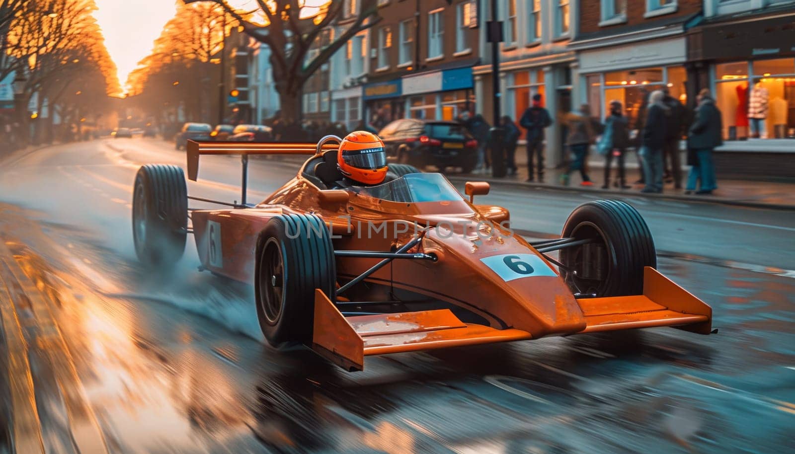 A courageous man skillfully maneuvers a high-speed Formula 1 race car down a vibrant urban street, racing against time with precision and determination.