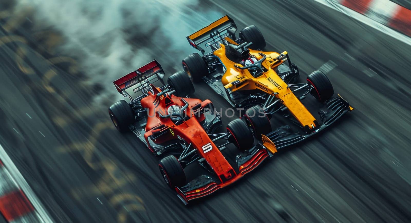 Two Formula 1 racing cars are seen zooming past on a track, emitting thick smoke from their exhausts as they push their limits in a fierce competition.