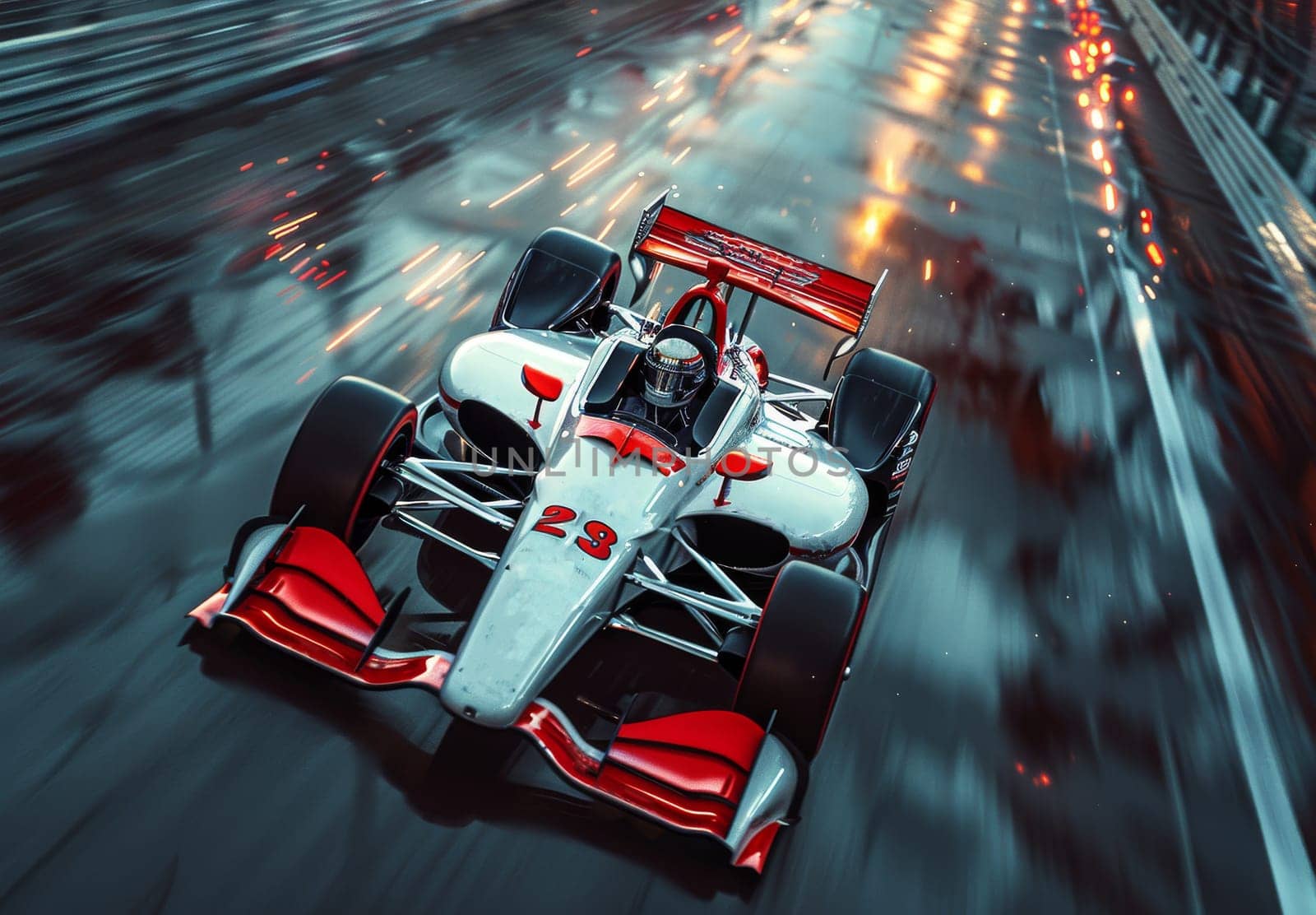 A vibrant red and white Formula 1 race car speeds down a busy street, leaving a trail of exhaust in its wake. The sleek design and powerful engine of the car are showcased as it maneuvers sharp turns and accelerates down the straightaways.