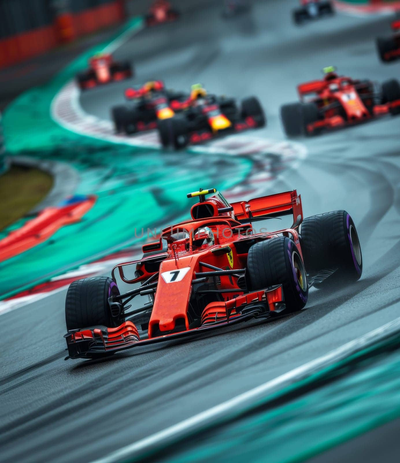 A vibrant red race car with sleek curves and a powerful engine zooms down a winding Formula 1 race track, leaving a trail of tire marks in its wake. The drivers focus is intense as they navigate sharp turns at high speeds, the roar of the engine filling the air.