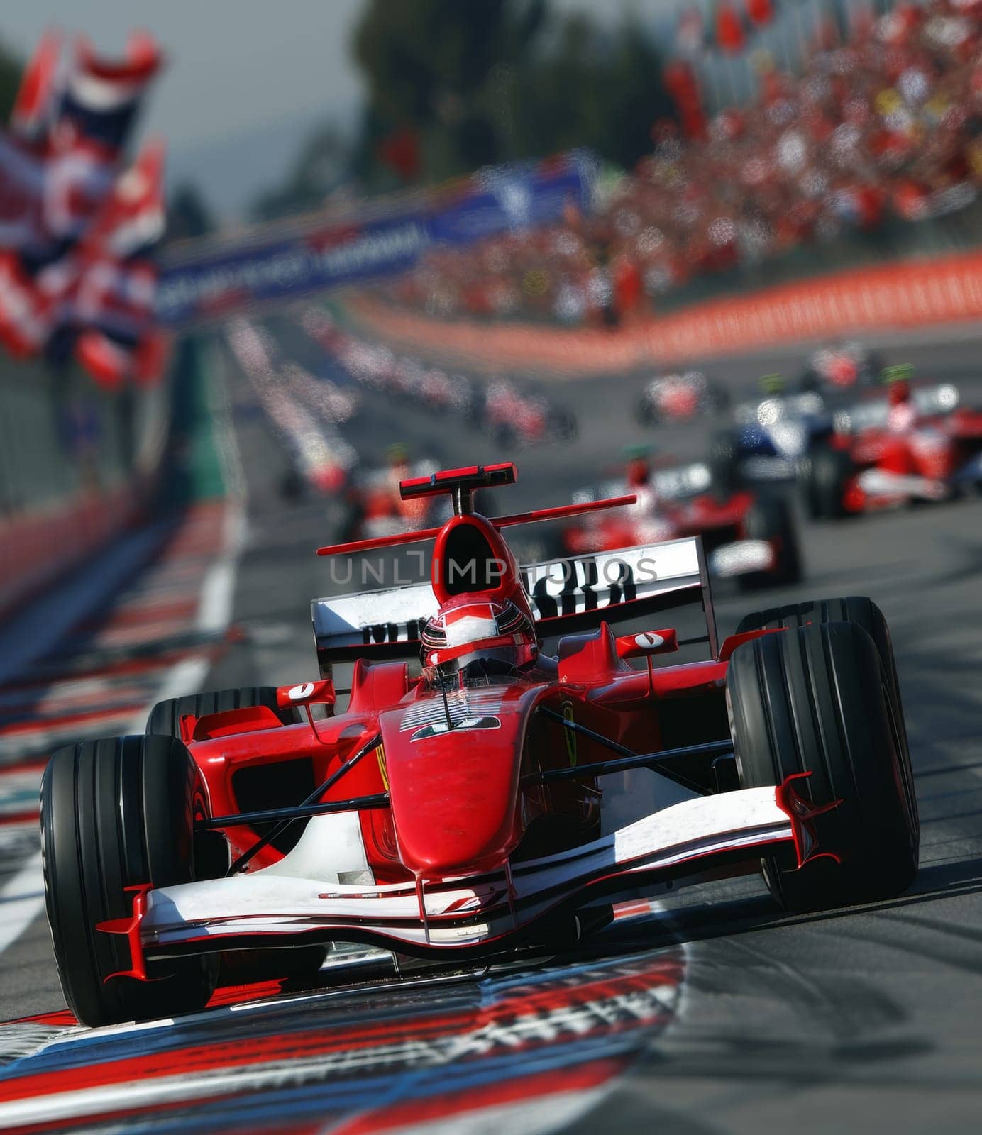 A vibrant red race car speeds down a Formula 1 race track, leaving a trail of dust and excitement in its wake. The sleek design of the car and the intensity of the race are evident as it maneuvers through the twists and turns of the circuit.