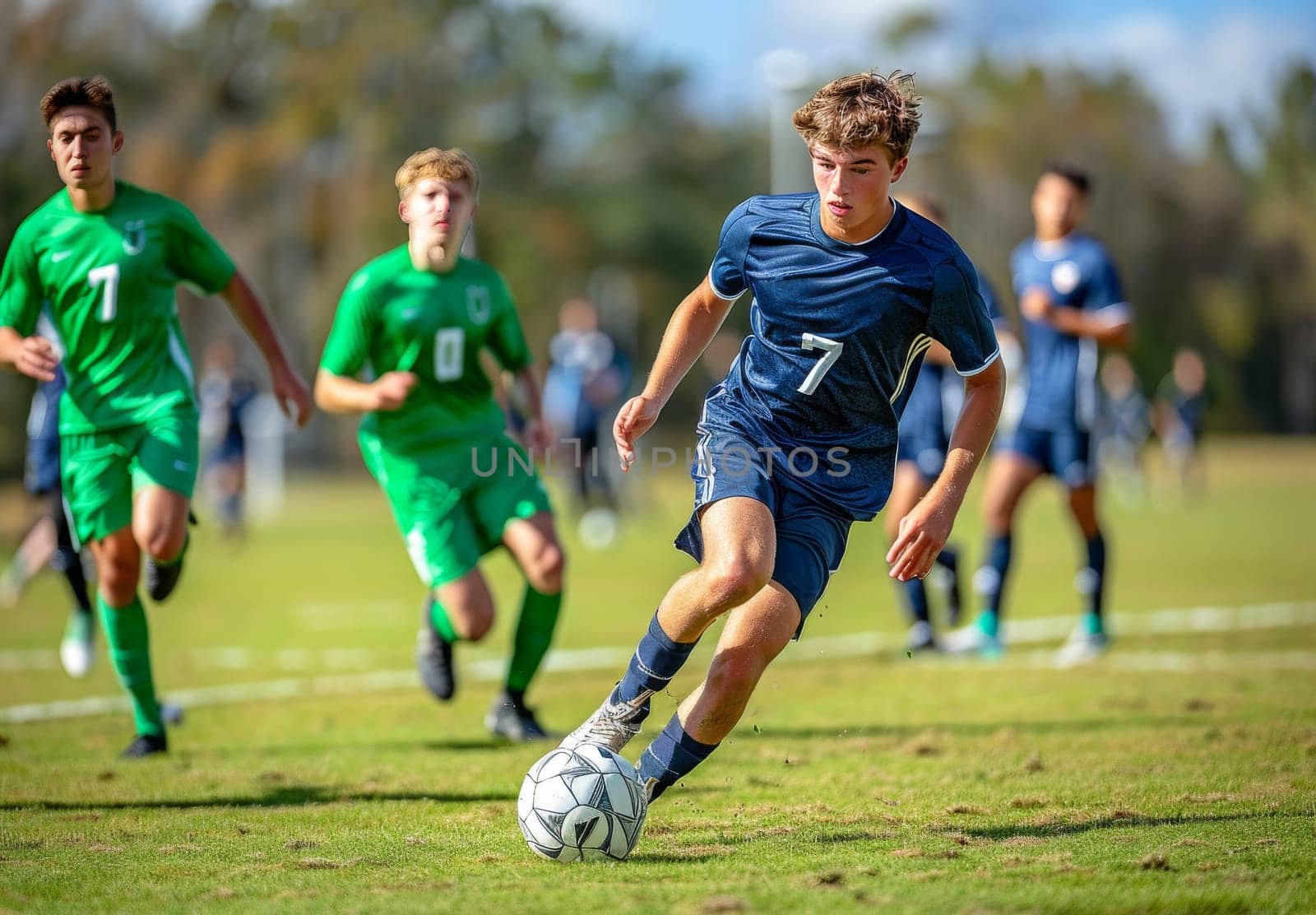 A young soccer player, wearing a blue jersey with the number 7, focuses intently as he dribbles the ball during a match. He runs towards the goal, with other players in green and blue jerseys in the background. The bright green field, under a clear sky, highlights the players determination and skill.