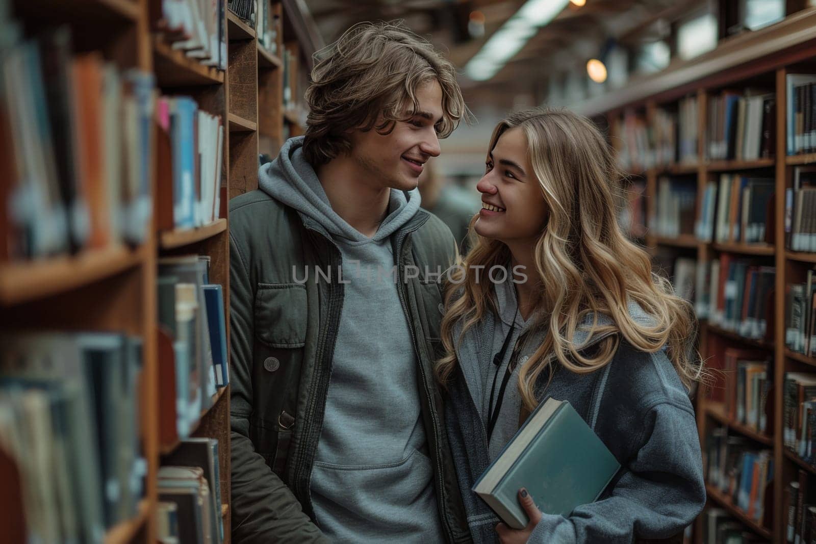 A young couple stands close together between two bookshelves, immersed in a quiet, heartfelt conversation. The librarys warm lighting provides an inviting ambiance, making their moment together feel intimate and special. Both individuals seem relaxed and happy, enjoying each others company while surrounded by countless books.