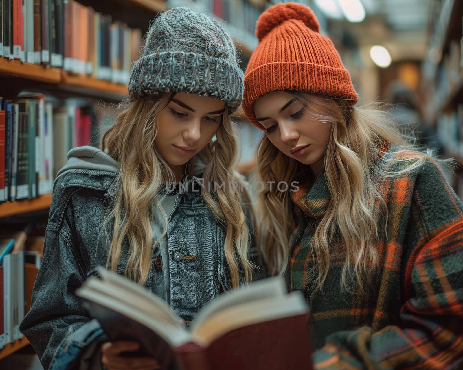 Two young girls sit side by side in a cozy library, engrossed in a book, sharing whispers of excitement and curiosity as they turn the pages together.