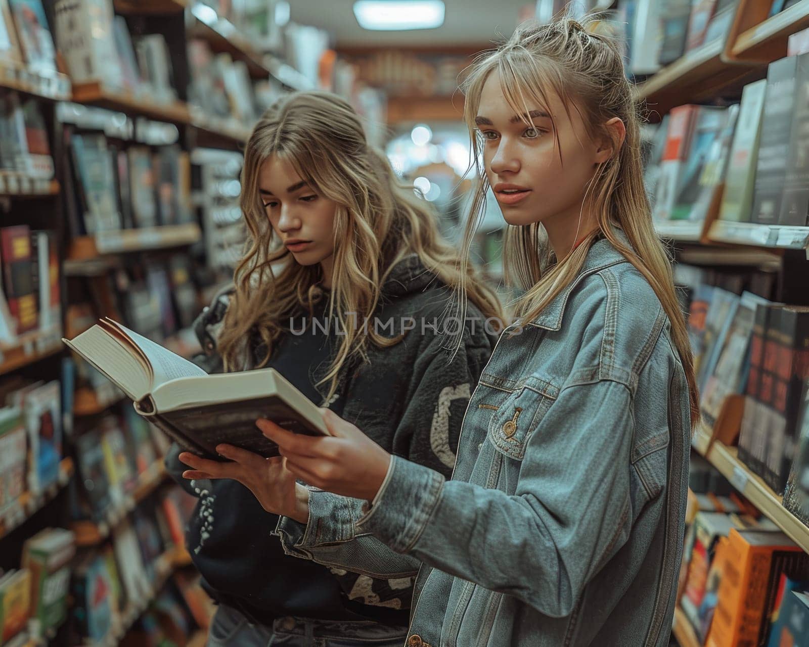 Two young girls engrossed in a book in a vibrant bookstore. One girl points excitedly at a passage as the other listens intently.