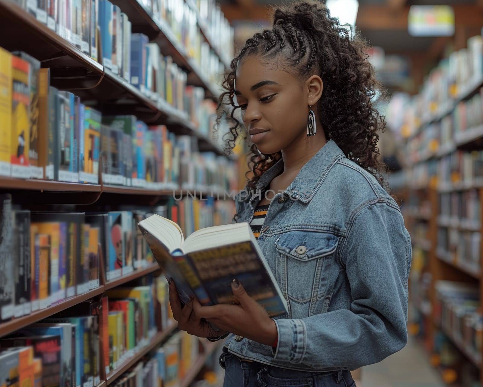 A woman engrossed in a book, surrounded by shelves of books in a serene library setting. She sits comfortably, absorbed in her reading as she explores the world of words and stories.