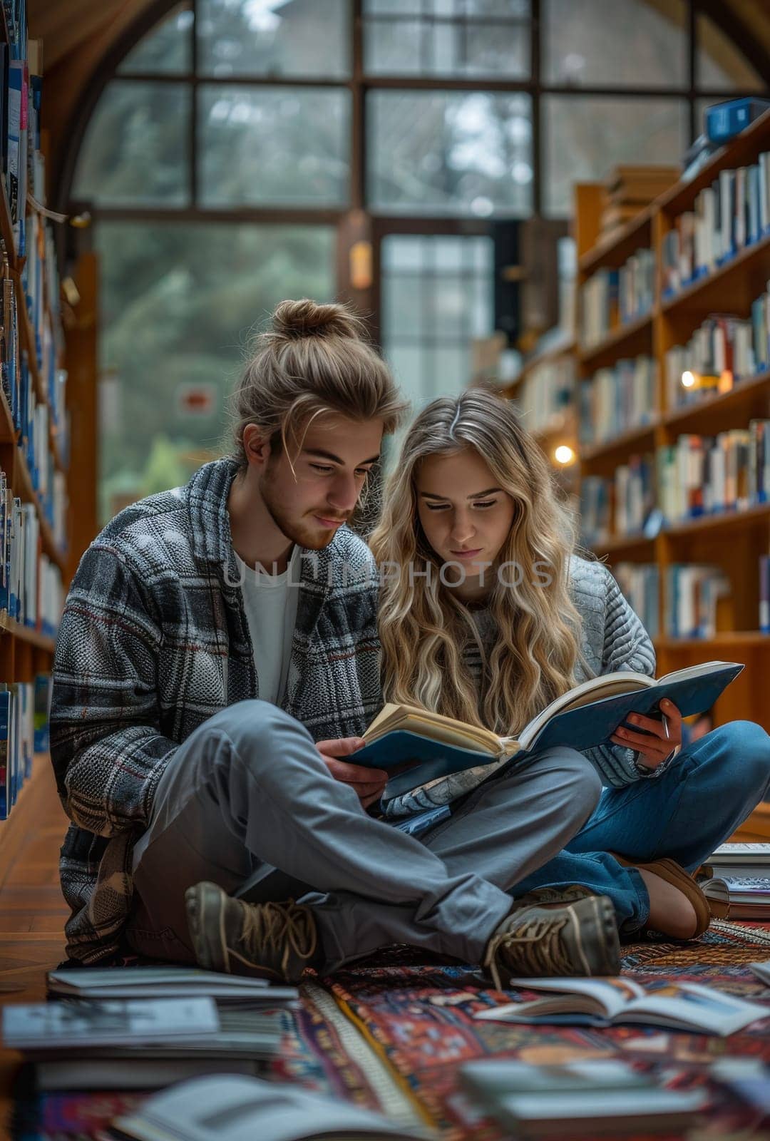 A man and a woman engrossed in a book, seated in a serene library setting surrounded by shelves of books. They are deep in thought and discussion, absorbed in the world of literature.