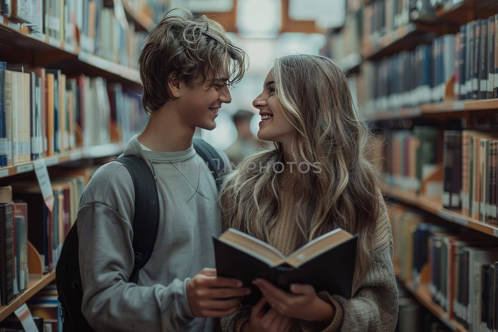 A man and a woman engage in a captivating moment in a library, their eyes locked as they stand surrounded by shelves of books.