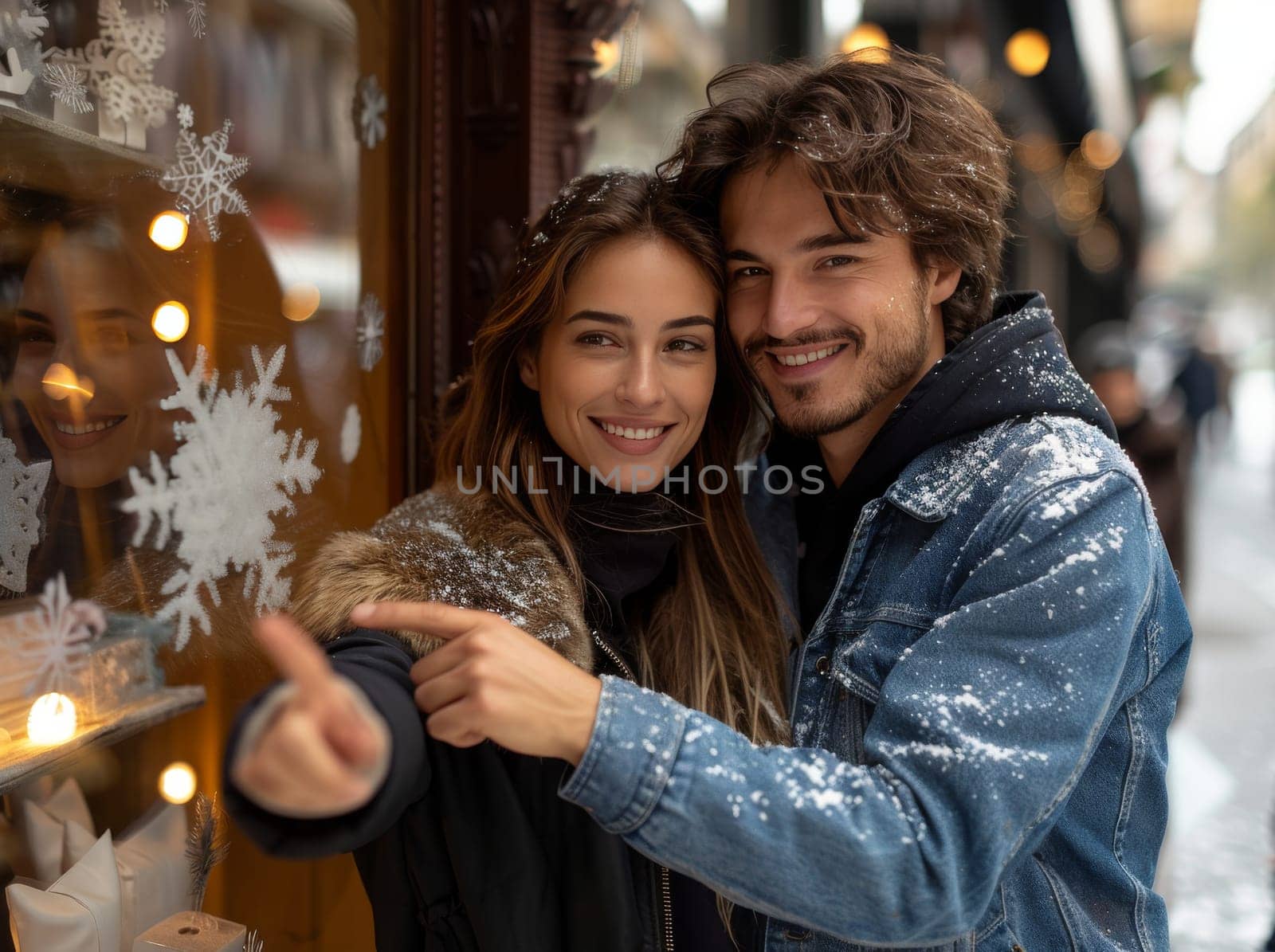 A couple, deeply in love, captured in a moment of joy as they take a selfie in front of a store window, sharing their happy memories with each other.