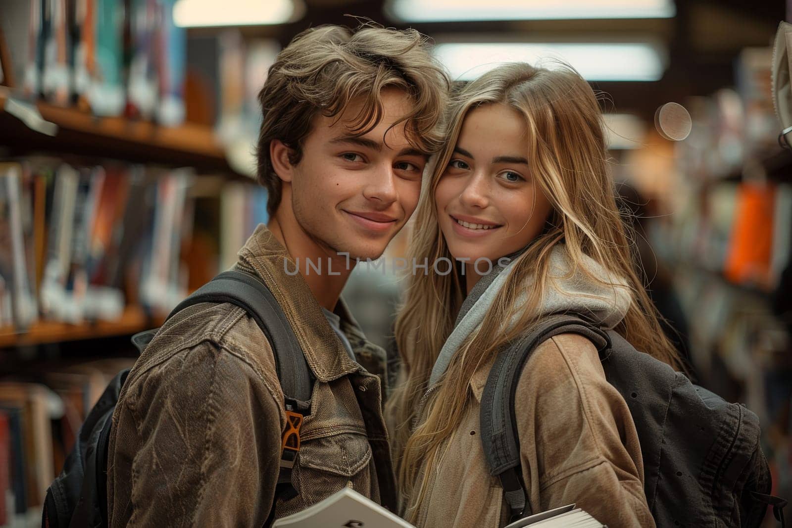 A young man and woman, a love couple, stand together in a library, smiling as they browse through books and share quiet conversations, surrounded by shelves of knowledge.