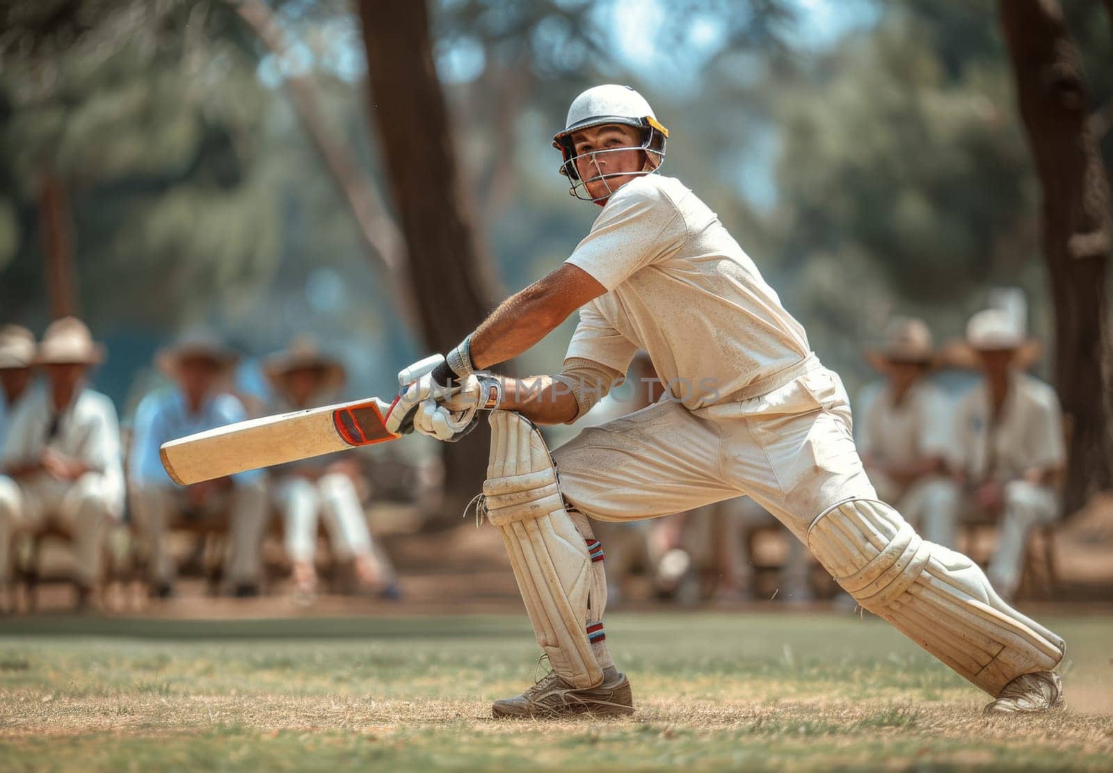 A young cricket batsman, clad in traditional white attire, stands ready at the crease, his eye focused on the bowler. He holds his bat firmly, poised to strike the ball. The image captures the intensity of the moment before the action unfolds. The setting is a serene cricket ground with lush green grass and spectators seated in the background, creating a vibrant atmosphere.