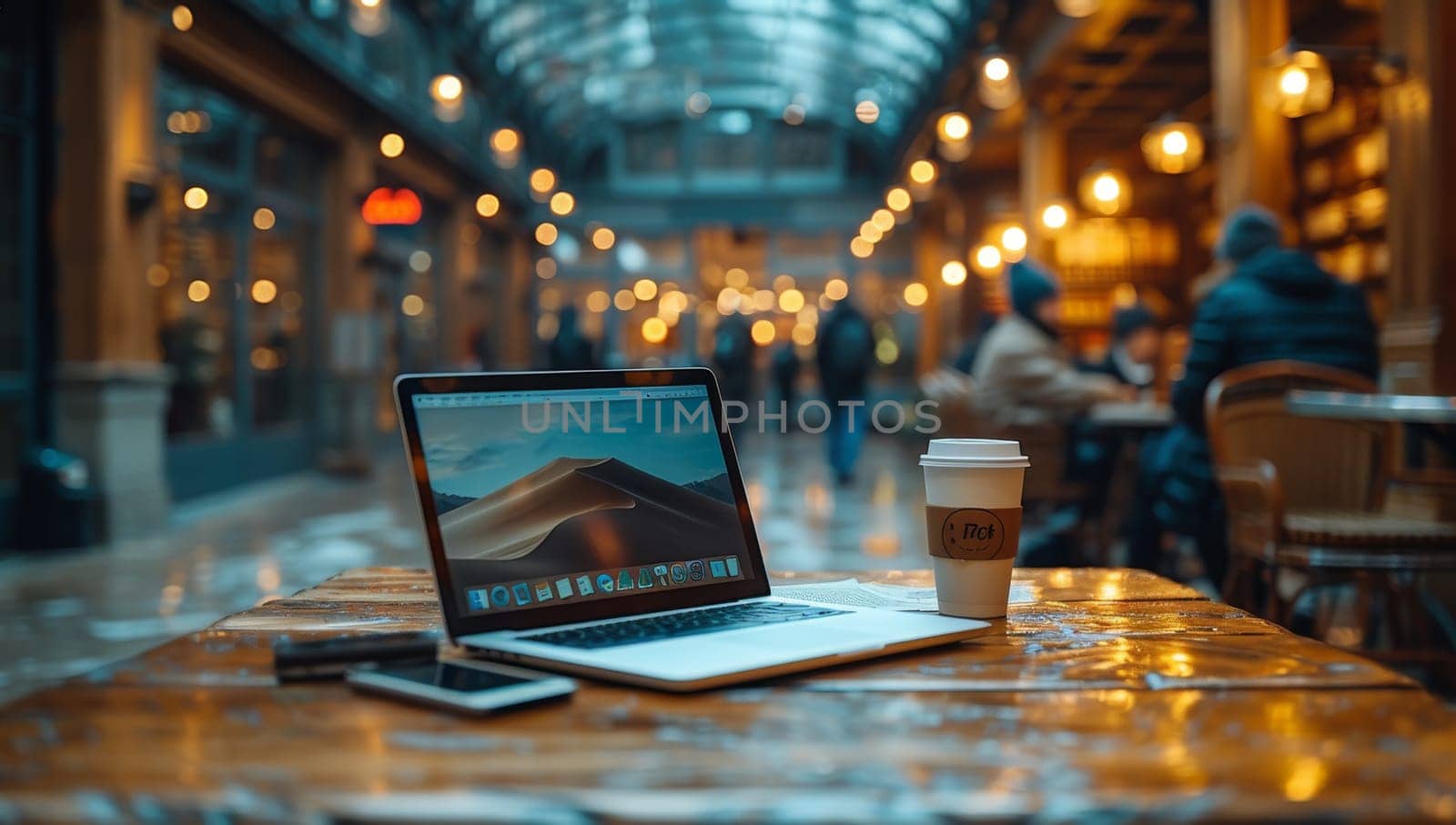 An open laptop rests on a wooden table in a busy cafe. A cup of coffee sits beside it, suggesting a pause in the midst of the days tasks. The blurred background shows the hustle and bustle of the cafe, with people moving around and enjoying the evening atmosphere. Soft, warm light from the overhead lamps casts a cozy glow on the scene.
