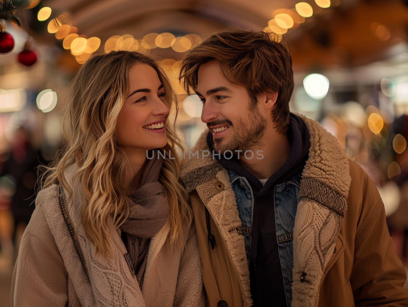 A man and a woman are looking directly at each other with wide smiles on their faces. Their eyes are filled with happiness and love as they share a moment of connection and affection.