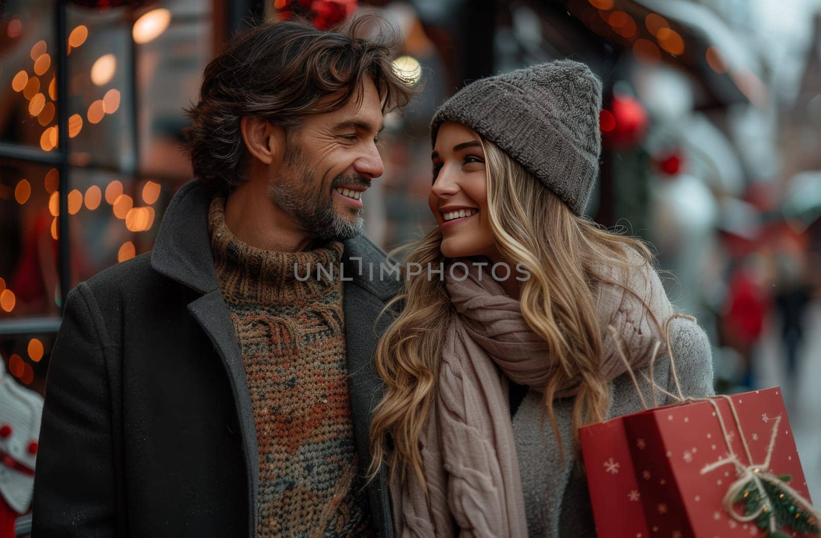 A love-filled couple leisurely walks down a bustling city street, completely engrossed in each others company, surrounded by the rhythm of urban life.