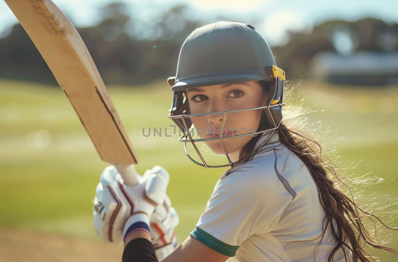 A young woman wearing a cricket helmet and protective gear stands on the field with a bat in hand, her gaze focused and determined. The sunlight shines on her face as she prepares to strike the ball, capturing the intensity of the moment. The background features a lush green field and a blurred cityscape in the distance, creating a sense of the location and the excitement of the game.