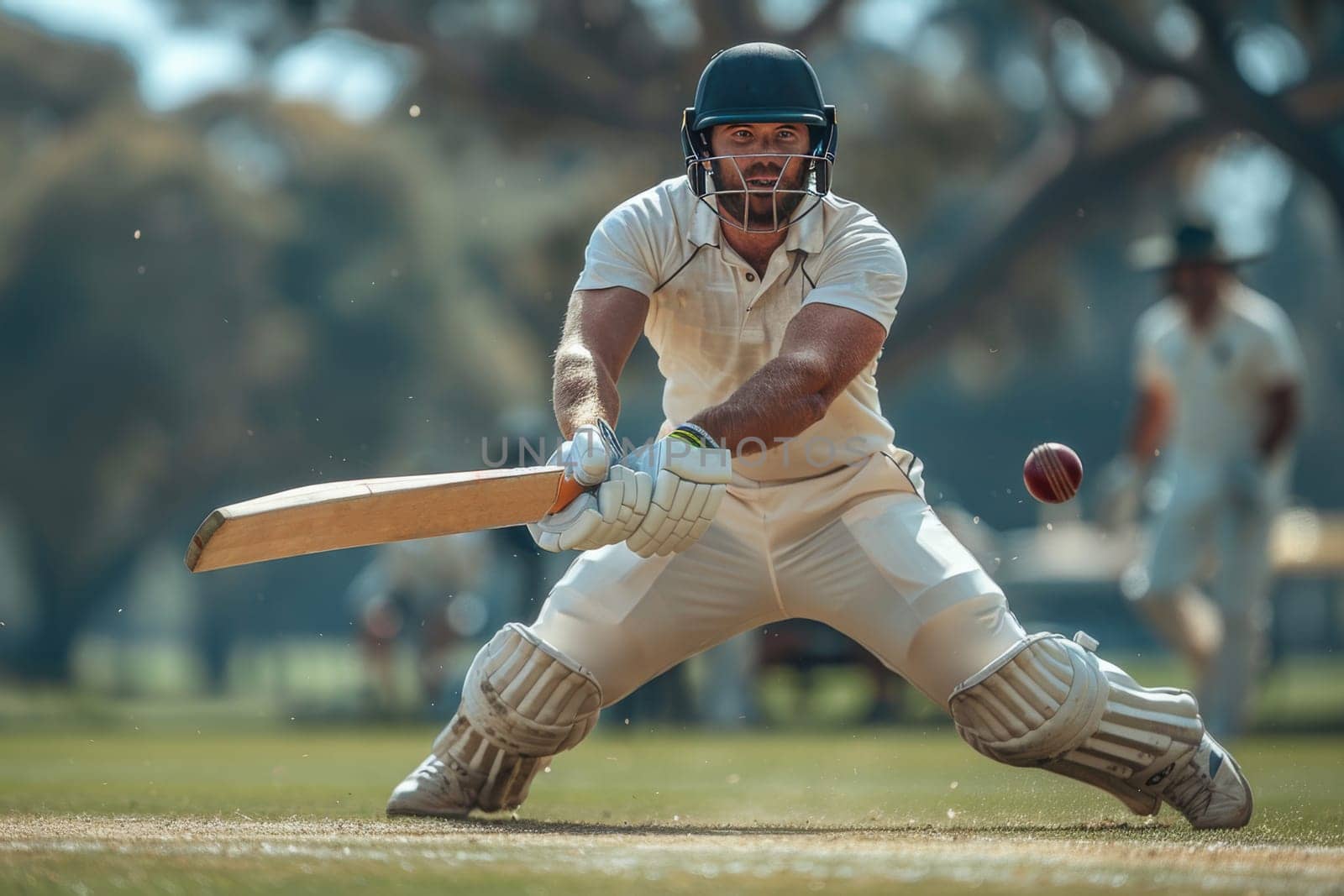 A cricket player, dressed in white with a helmet on, stands ready to hit the ball. He is in a defensive stance, with his bat raised and his eyes focused on the ball in the air. The background features a blurred view of a grassy field and other players.