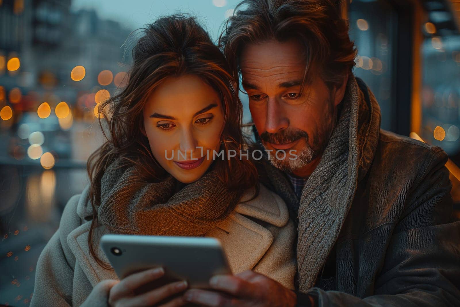 A couple, likely in their 30s or 40s, walks through a city at night. The woman is wearing a warm winter coat, and the man is bundled up in a jacket and scarf. The couple is sharing a tablet, their faces illuminated by the screens glow. The background is a blur of city lights, hinting at a bustling metropolis.