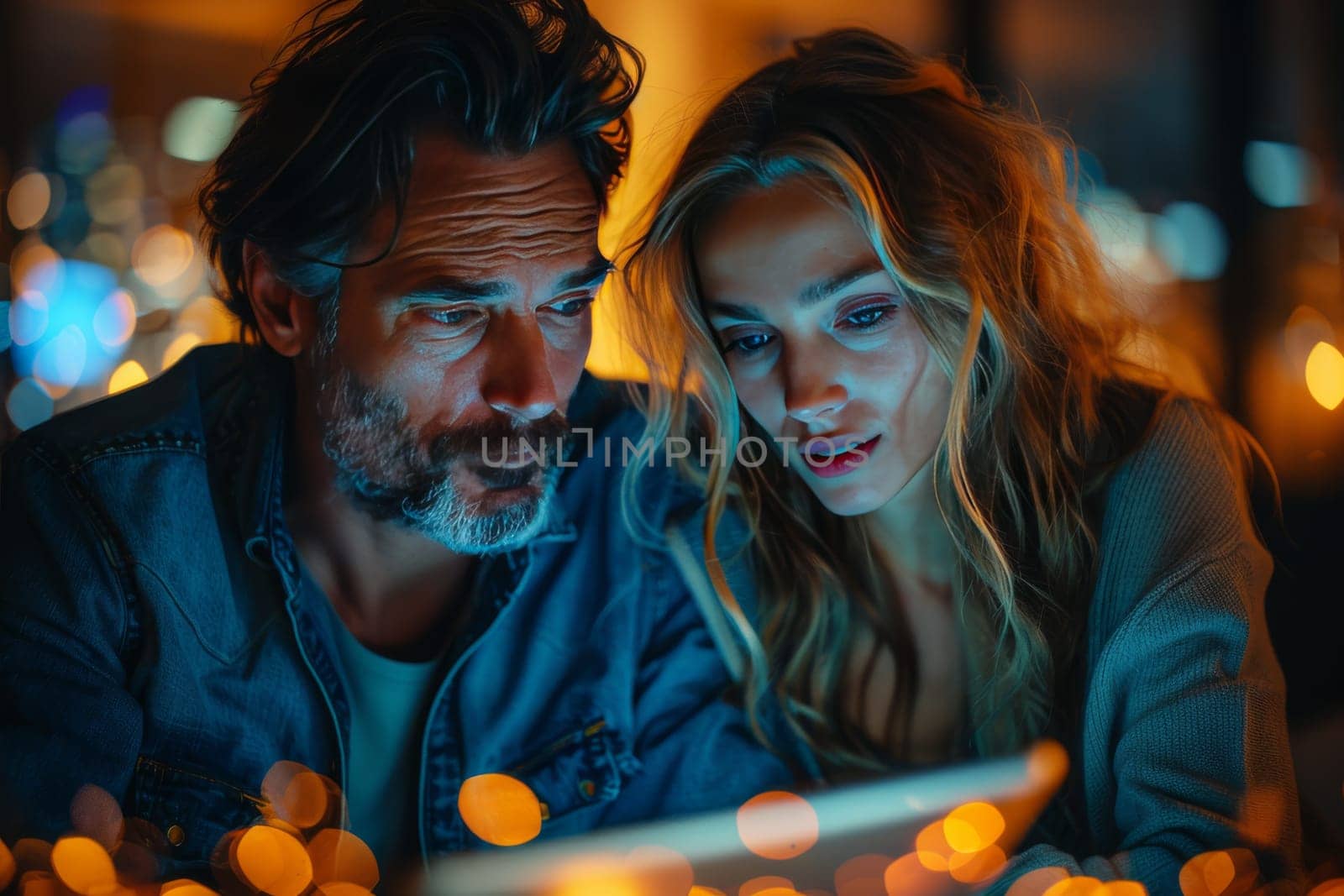 A close-up photograph captures a man and a woman, presumably a couple, engrossed in looking at a tablet screen. They are seated in a dimly lit setting with warm city lights casting a glow around them. The image evokes a sense of intimacy and shared experience, suggesting a moment of connection between the two individuals.