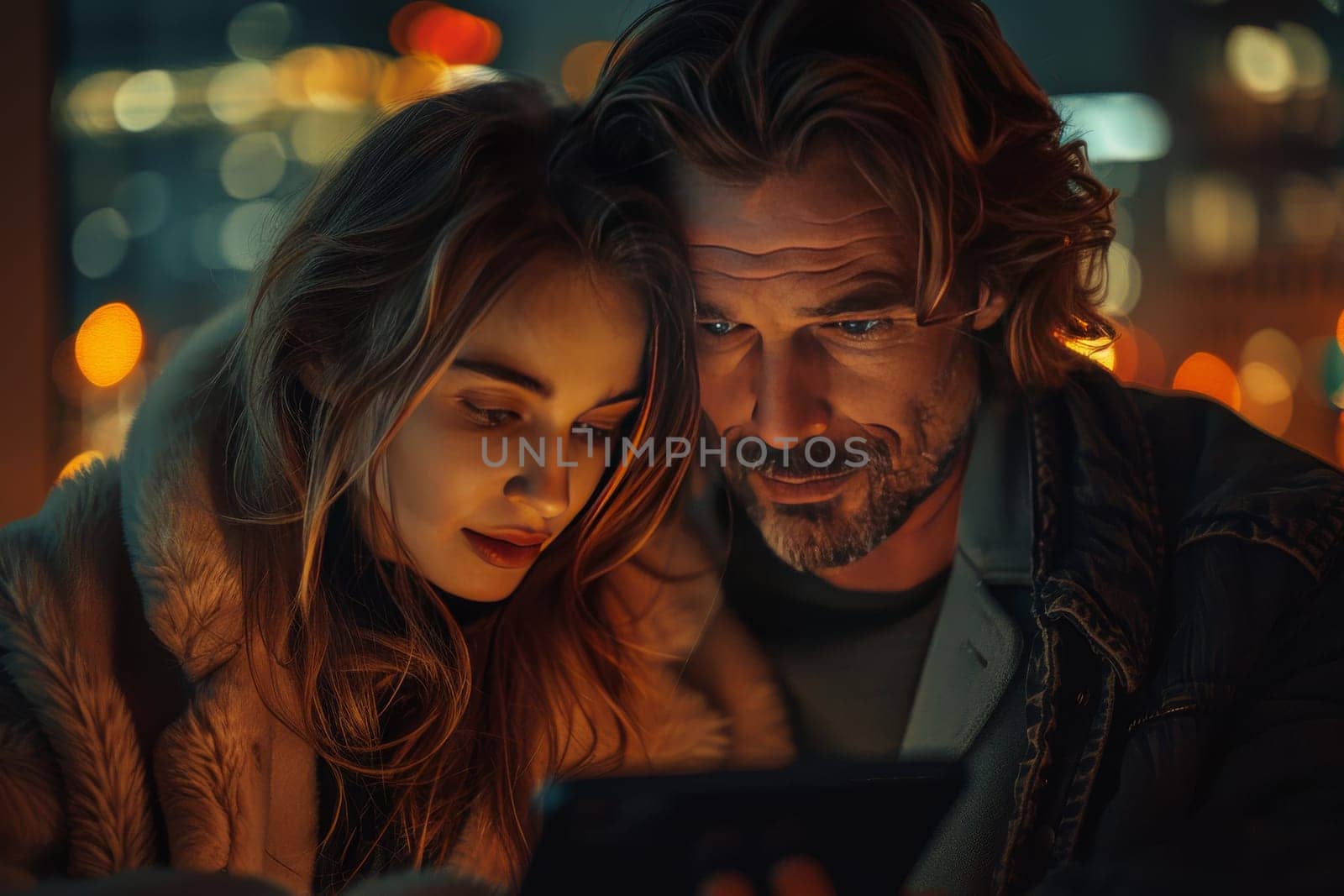 A couple, a man and a woman, are captured in a close-up shot. The man has his arm around the woman, and they are both looking down at a device, possibly a phone or a tablet. The image is shot in the evening, with warm city lights blurring out in the background. The couples closeness and the glow of the technology highlight a shared moment of intimacy and connection.