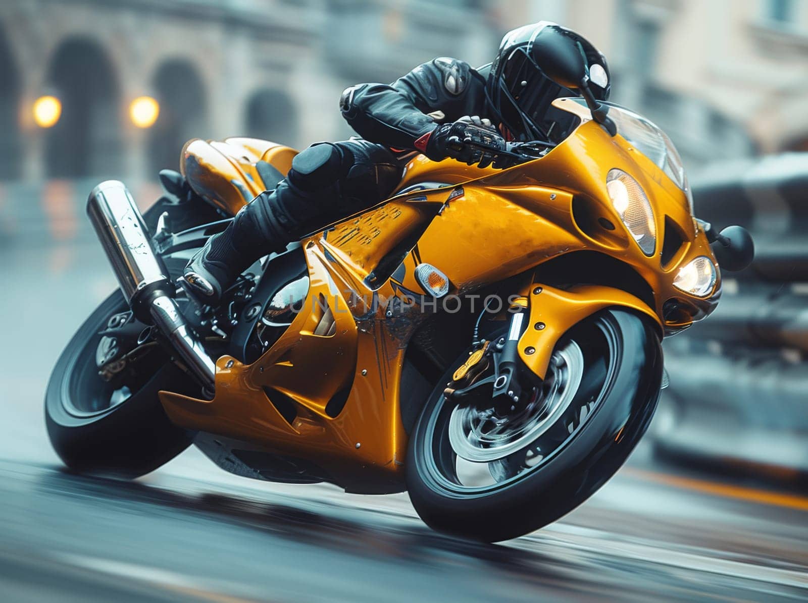 A man in a helmet and racing gear is speeding down a bustling city street on a vibrant yellow motorcycle. The dynamic shot captures the thrill and excitement of the fast-paced urban Moto racing scene.