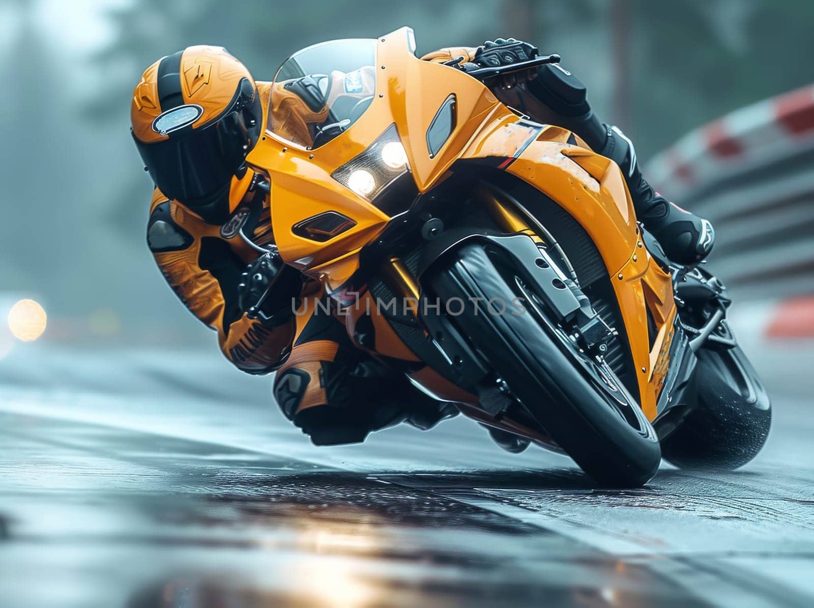 A person skillfully maneuvers a motorcycle on a slick wet road, showcasing speed, balance, and control amidst challenging weather conditions.