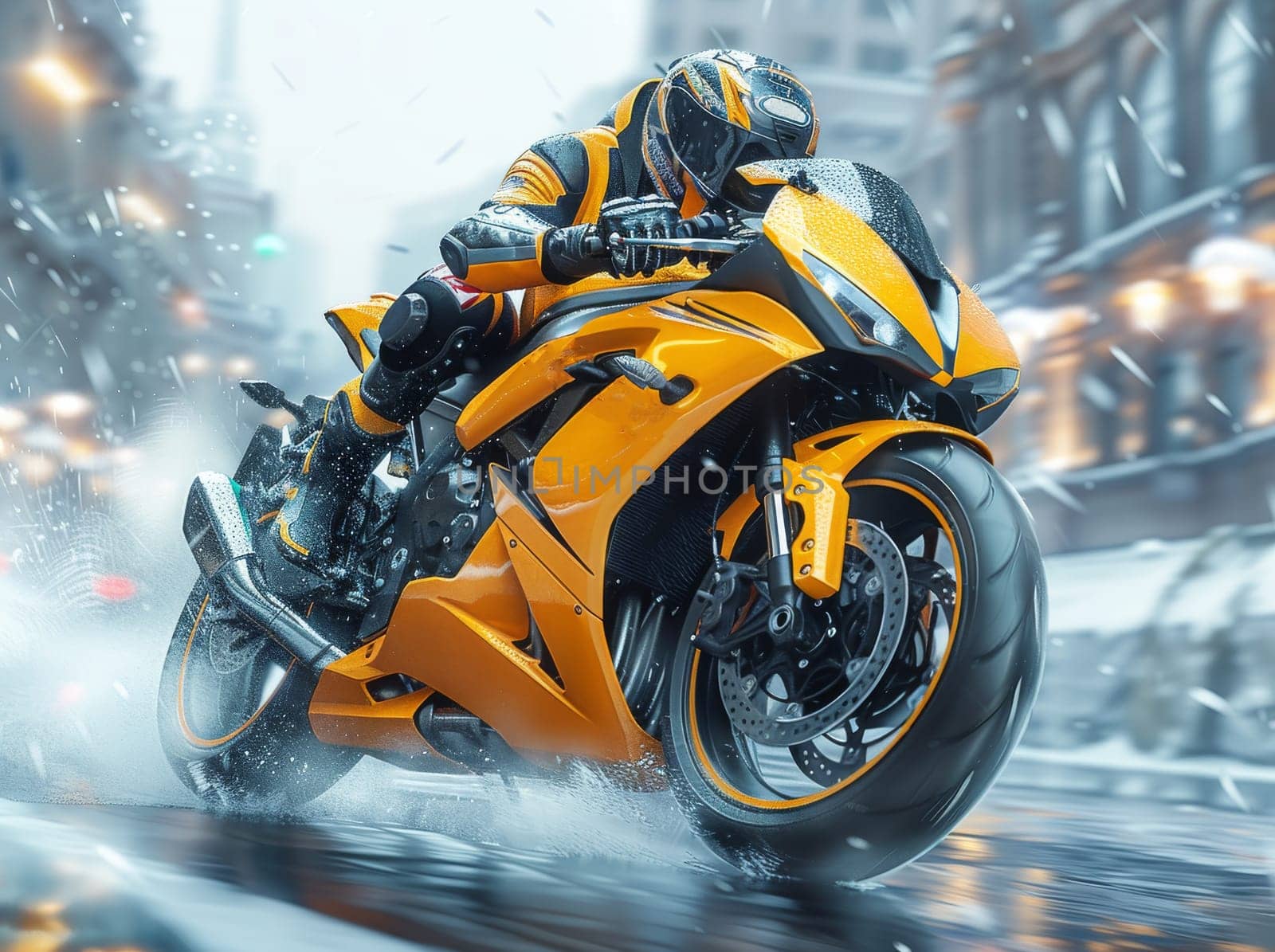 A person is riding a yellow motorcycle through the bustling city streets. The bright color of the moto stands out against the urban backdrop as the rider speeds along.