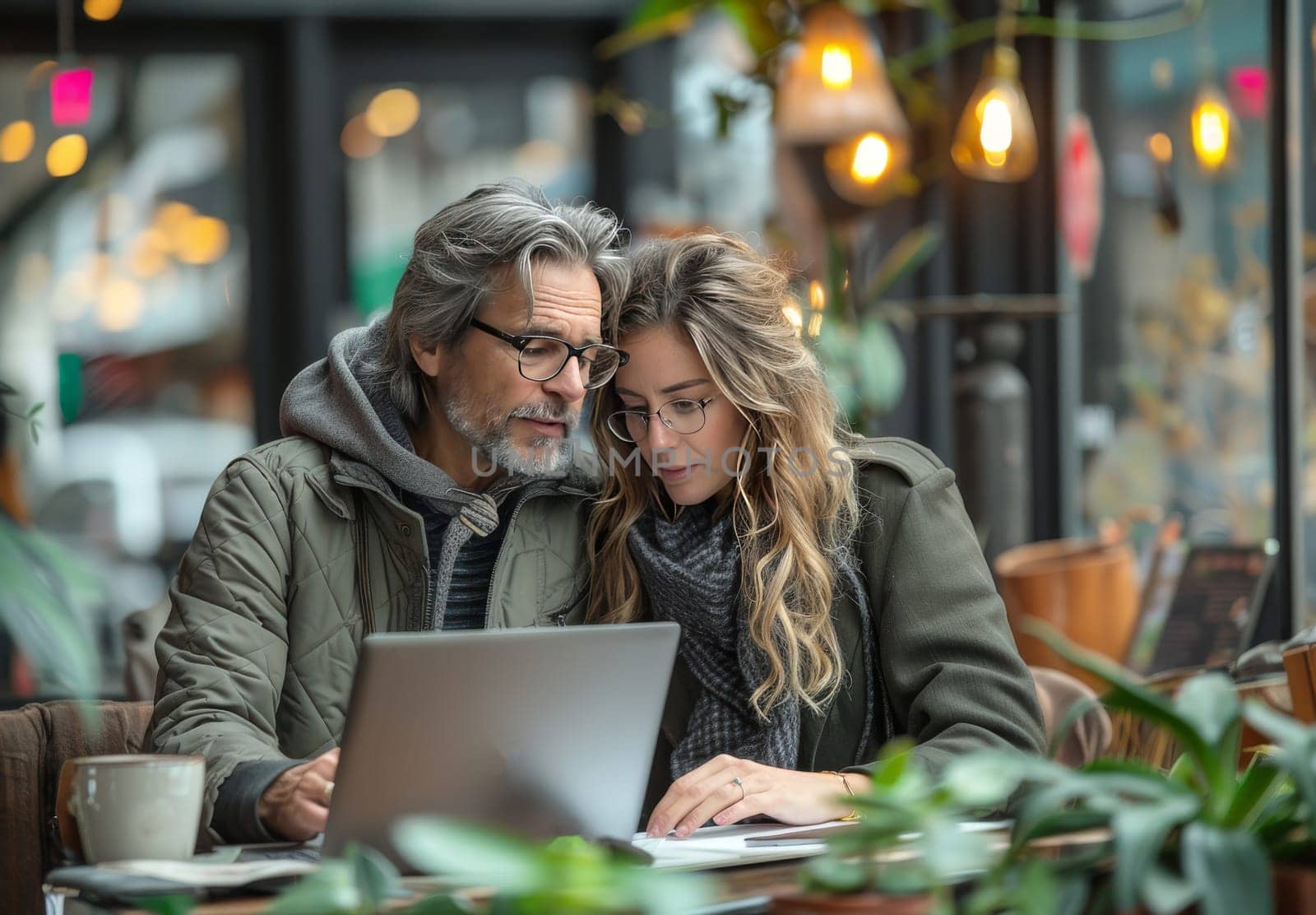 A man and woman in their thirties, dressed casually, are seated together at a cafe table. They are both wearing glasses and are looking at a laptop screen. The woman has her hand on the table, while the mans hand is on the keyboard. There are plants and warm lights in the background, suggesting a cozy and intimate setting.