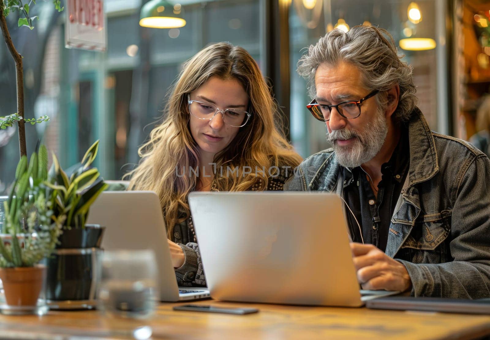 A couple in their thirties, both wearing glasses, sit together at a table in a cafe, engrossed in their laptops. The woman sits on the left, her blonde hair cascading over her shoulders, her eyes focused on the screen in front of her. The man sits beside her, his salt-and-pepper beard framing his face, his gaze fixed on his own laptop. The cafes warm, inviting atmosphere, with its wooden tables and potted plants, provides a backdrop for their shared moment of digital engagement.