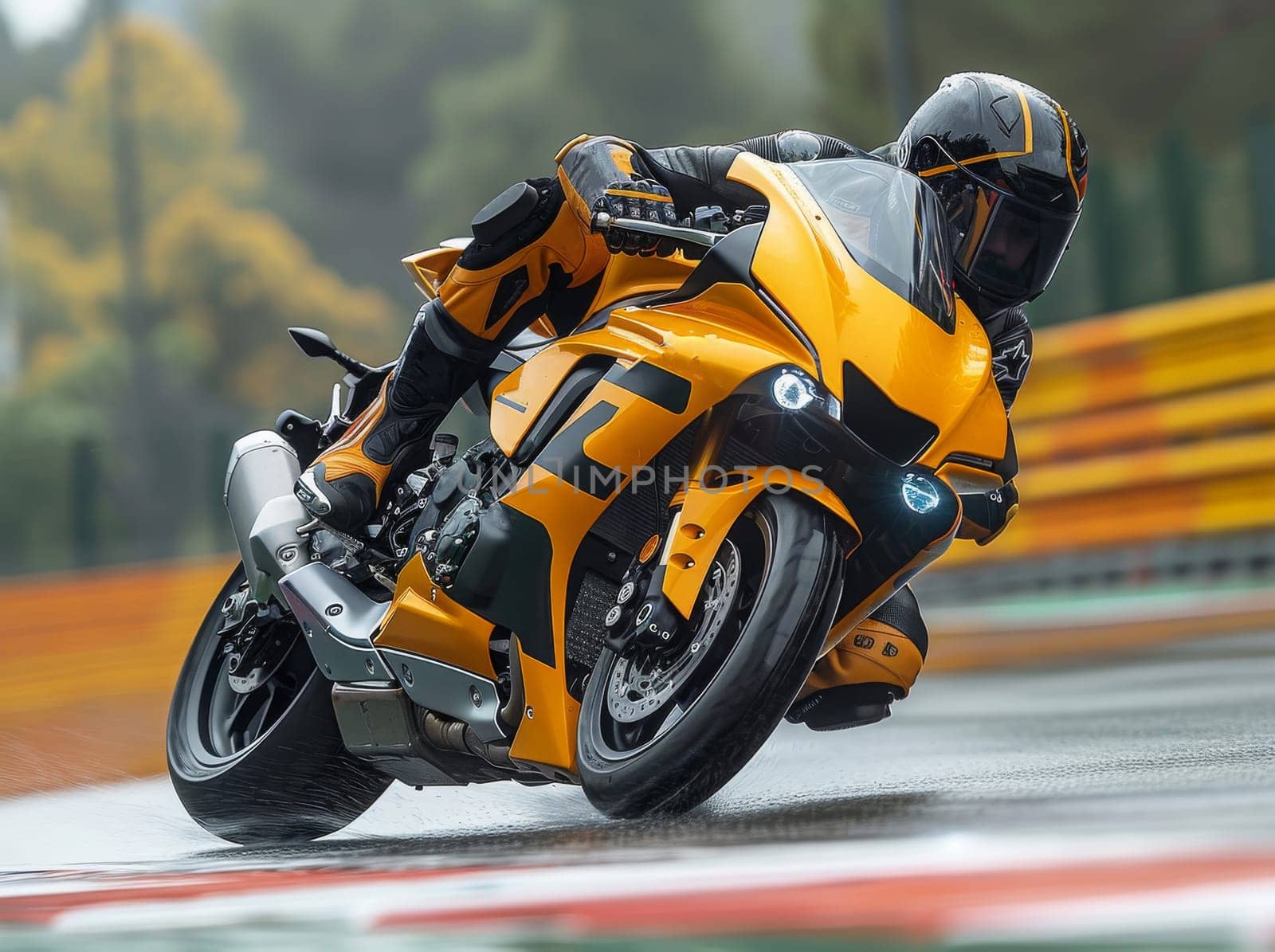 A brave individual is seen riding a vibrant yellow motorcycle on a race track. The rider is fully focused and determined, leaning into turns and accelerating with precision.
