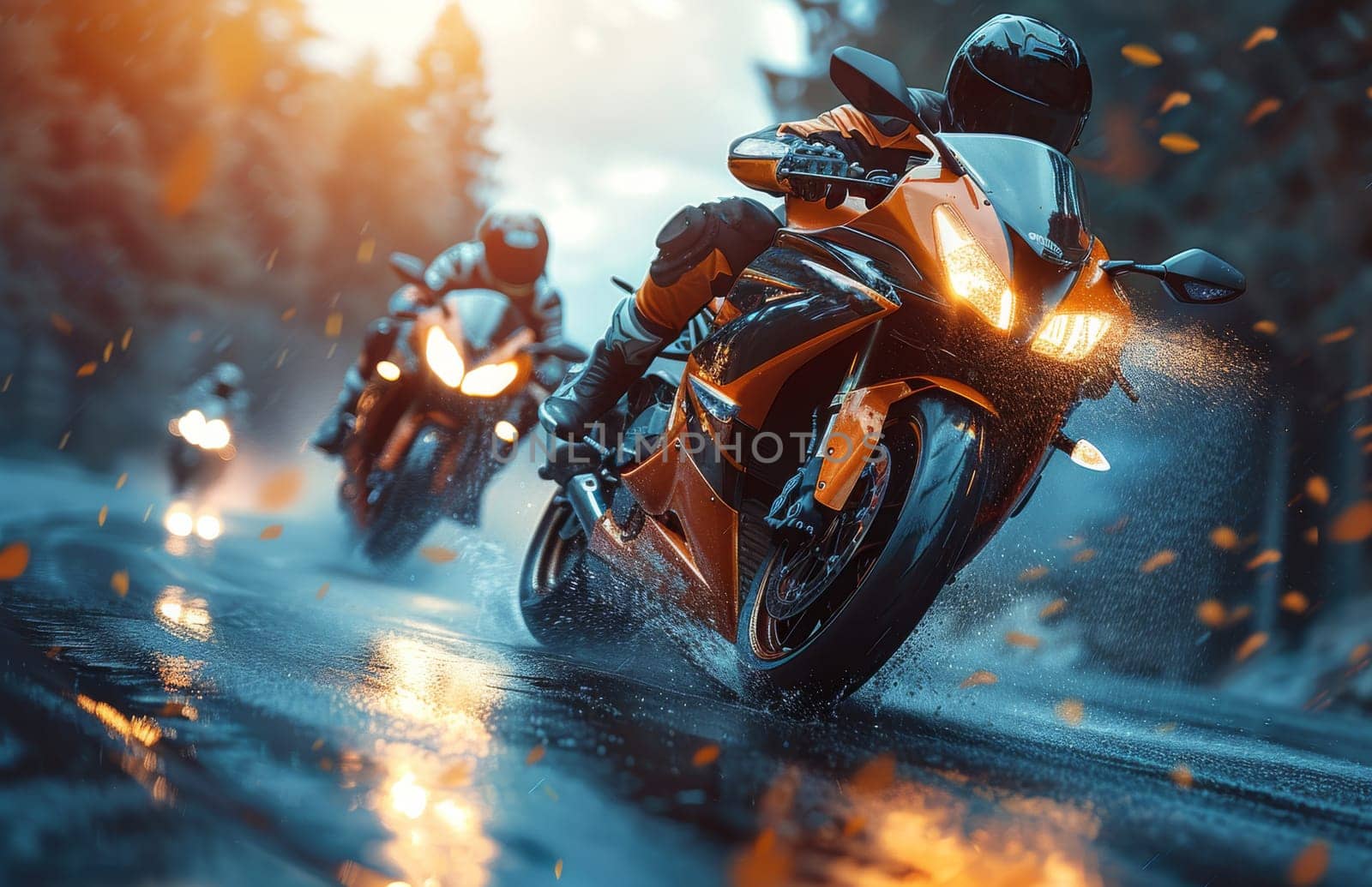 A group of powerful motorcycles, decked out in vibrant orange and black sportbike designs, race down a rain-soaked road, their engines roaring and tires gripping the wet pavement as they power through the storm.