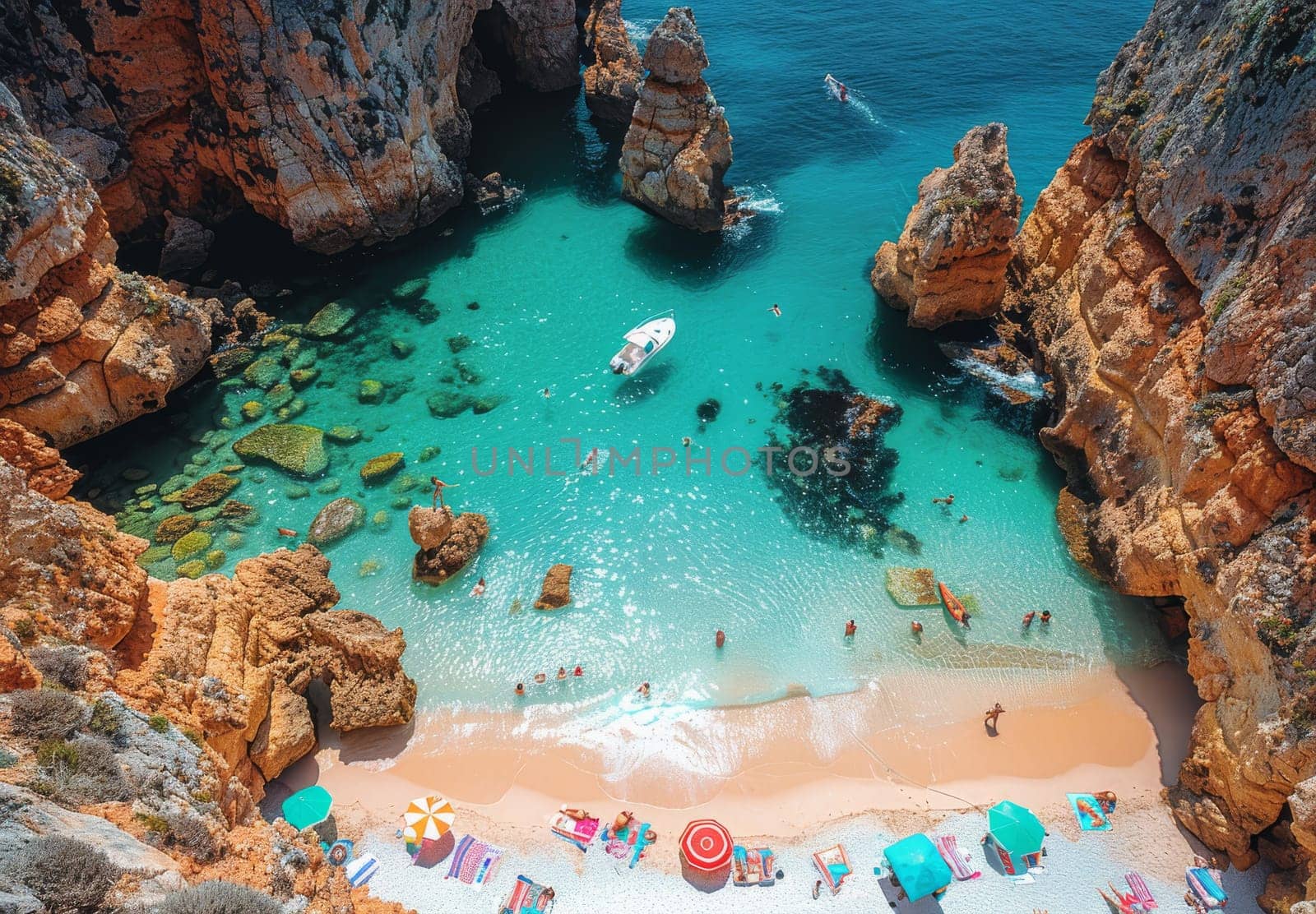 A vibrant scene unfolds upon the sandy shores of the Algarve, with sunbathers basking in the warm glow of the sun as waves crash gently along the coastline. People frolic in the crystal-clear waters, while others stroll leisurely along the beach, creating a picturesque display of coastal bliss.