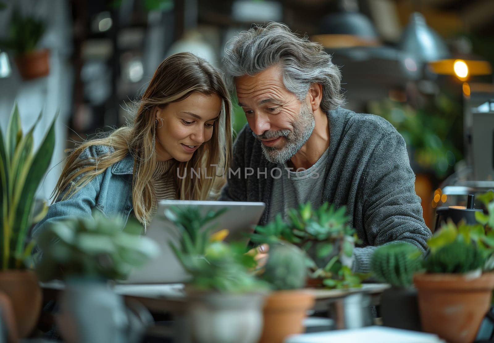 A couple in love, a man and a woman, are working together on their laptops, surrounded by lush greenery in a tranquil setting. They are intently focused on their devices, their faces illuminated by the screens glow. The warmth of their connection is palpable, even as they navigate the digital world.