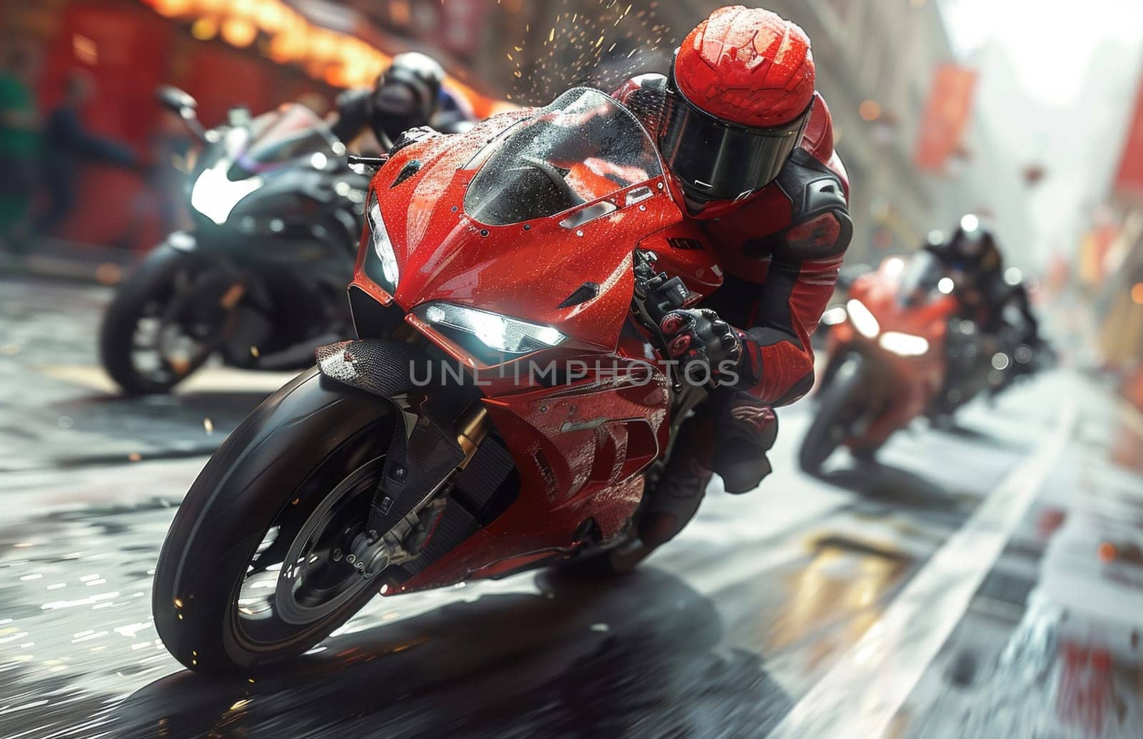 A dynamic group of motorsport enthusiasts are seen riding sleek sportsbikes down a street, leaning into sharp turns as they engage in an exhilarating display of moto racing prowess. The sound of engines revving fills the air as they speed ahead with adrenaline-fueled precision.