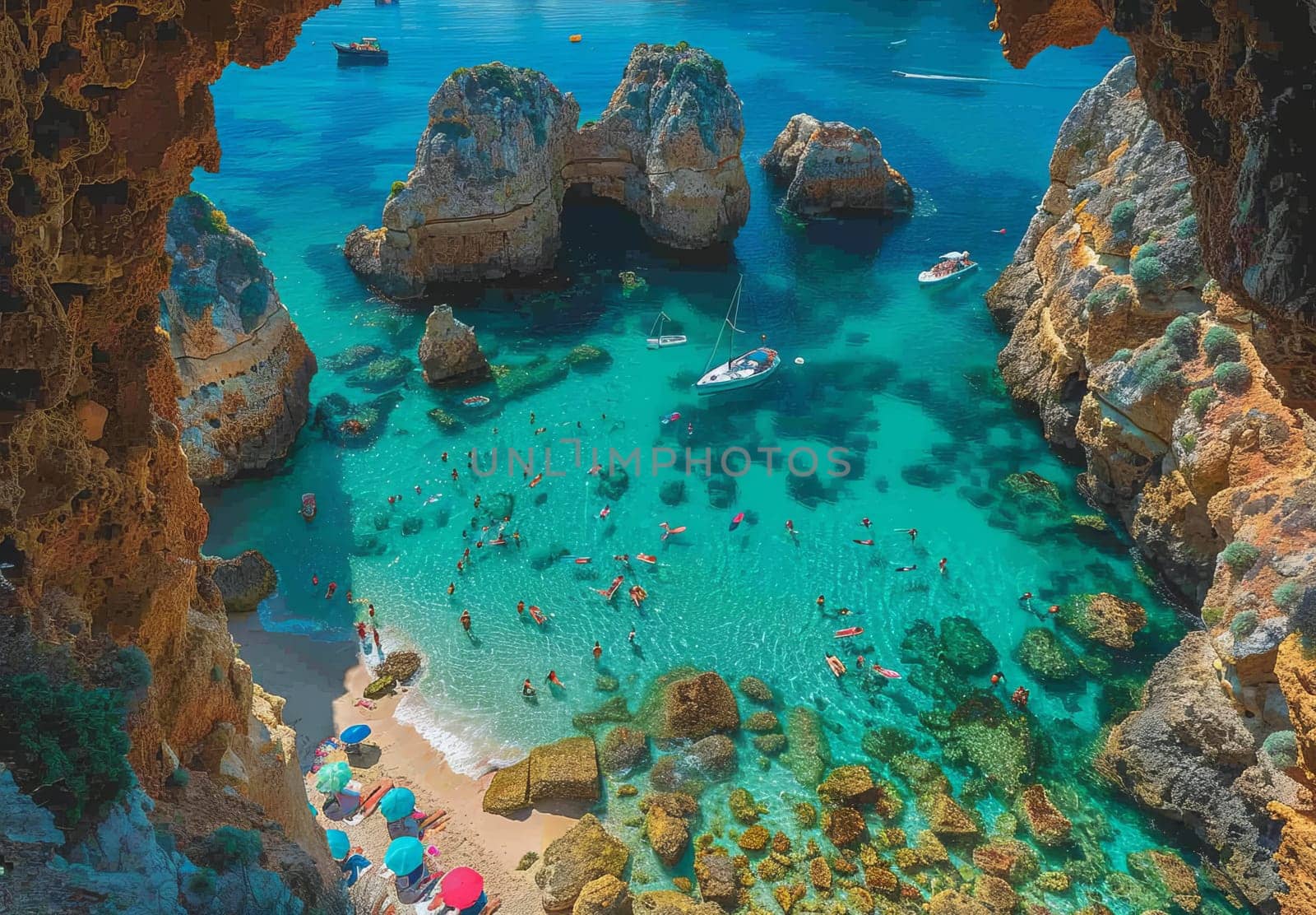 A diverse group of individuals joyfully splashing and swimming in the crystal blue waters of a peaceful cove on the Algarve coast of Portugal.