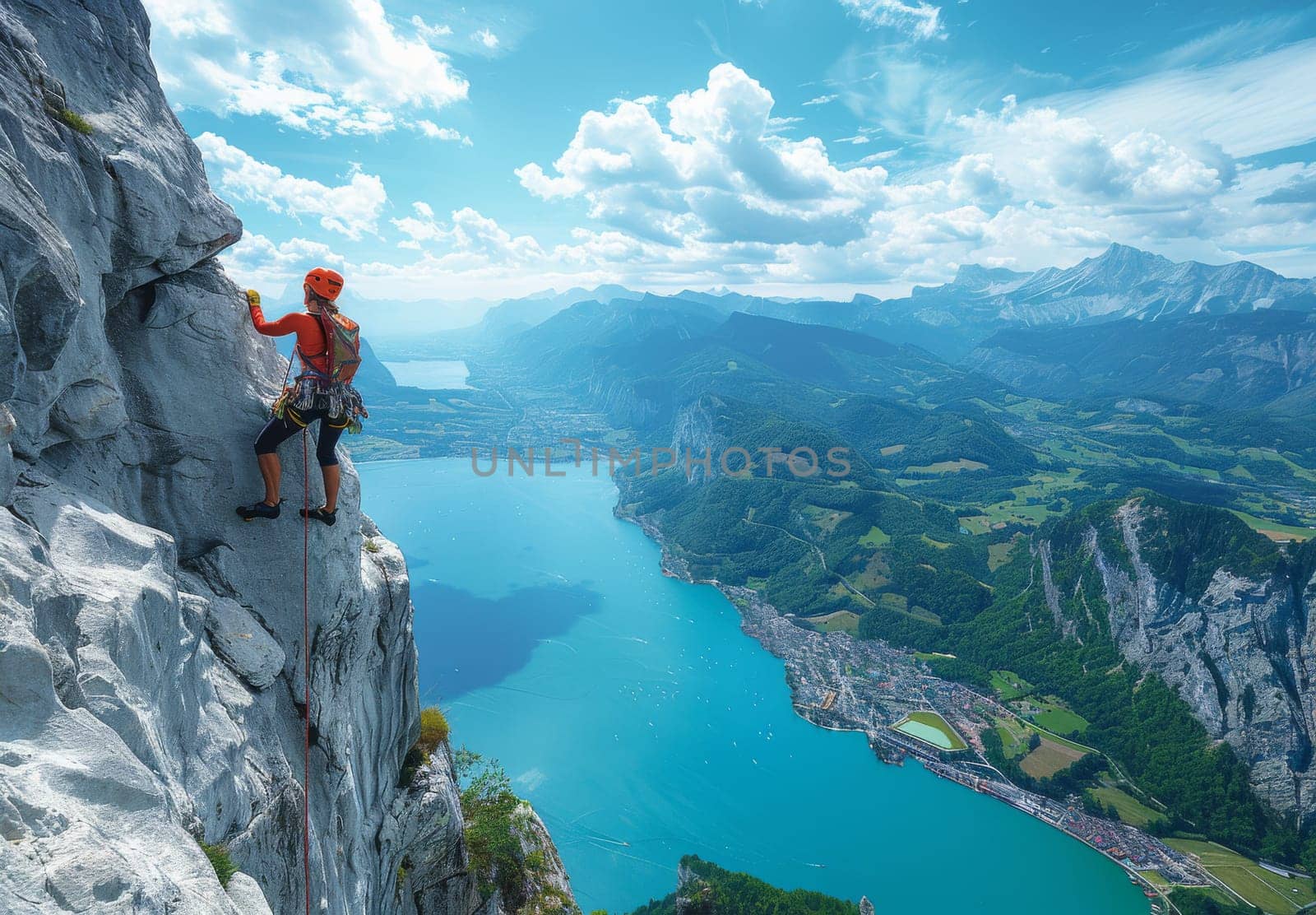 A woman wearing a helmet and a bright orange jacket confidently scales a sheer rock face. Shes secured with a rope, and below her lies a breathtaking vista of a turquoise lake nestled within a valley, surrounded by verdant mountains. The sunny day and clear blue sky create a sense of exhilarating adventure.