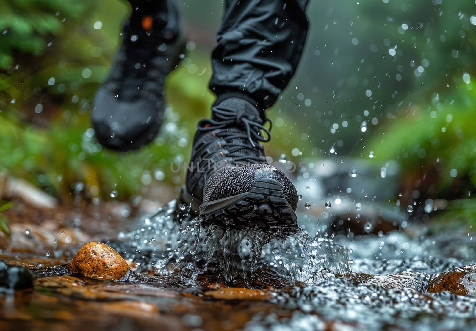 A closeup photo of a climbers foot splashing through a mountain stream. The hikers black running shoe is submerged in the water, creating a spray of water droplets. The photo captures the energy and excitement of mountain climbing.