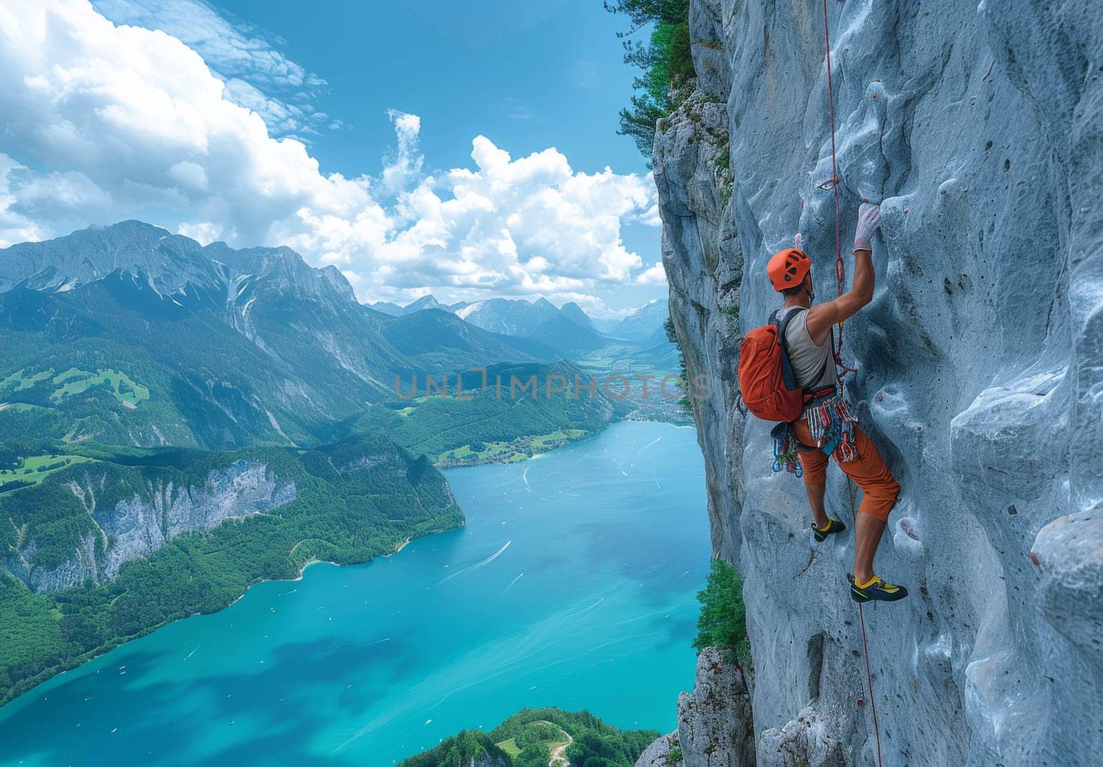 A lone climber ascends a sheer rock face overlooking a stunning turquoise lake nestled amongst the Austrian Alps. The climber is harnessed and secured with ropes, showcasing the thrill and danger of the sport. The breathtaking panoramic view reveals the beauty of the mountainous landscape and the vastness of nature.