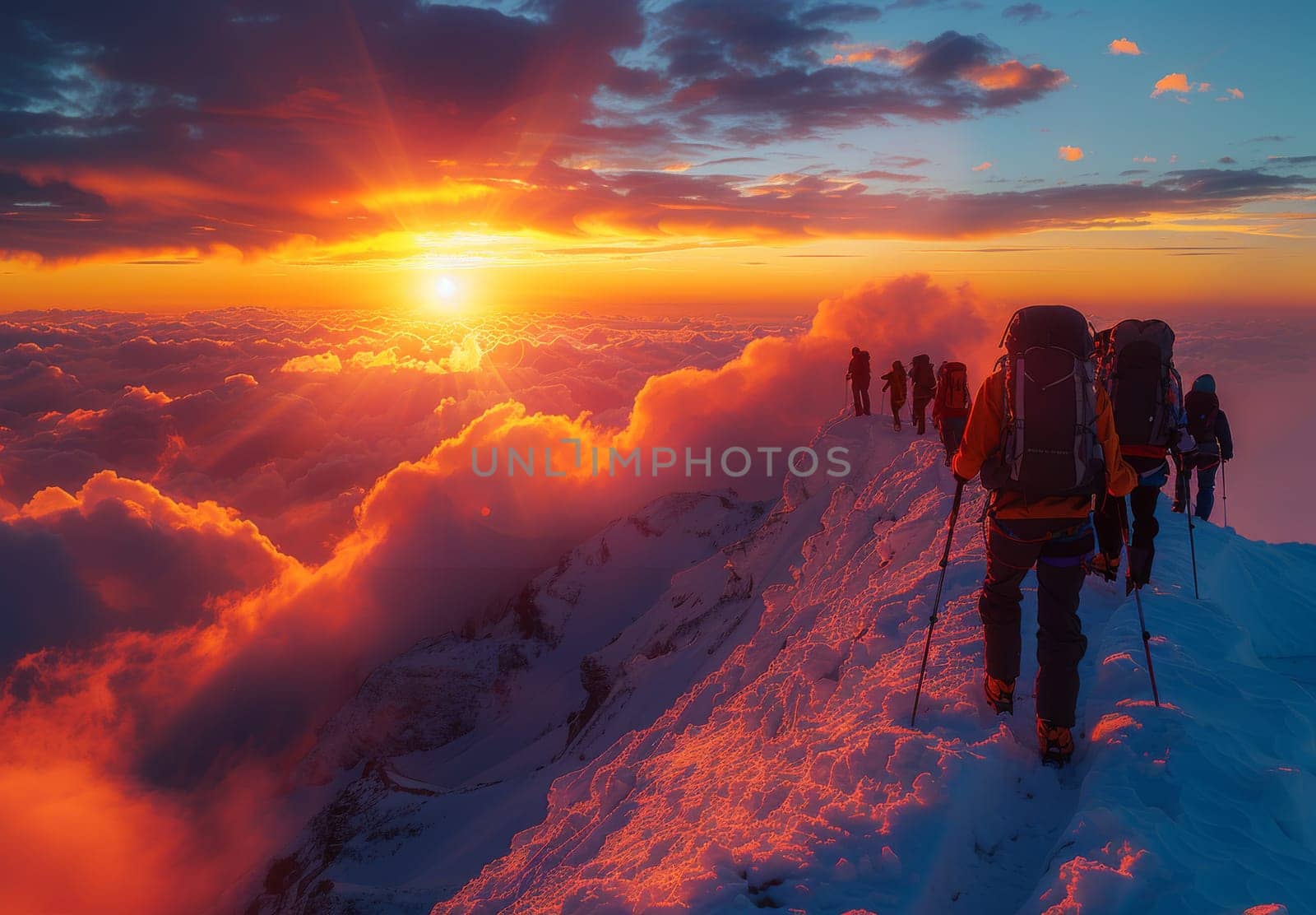 A group of hikers are silhouetted against a fiery orange sunrise as they ascend a snow-covered mountain peak. The scene is breathtaking, with the sun peeking through fluffy clouds that cast a warm glow on the landscape. The hikers are dwarfed by the vastness of the mountains, highlighting the human spirits ambition to conquer natures challenges.