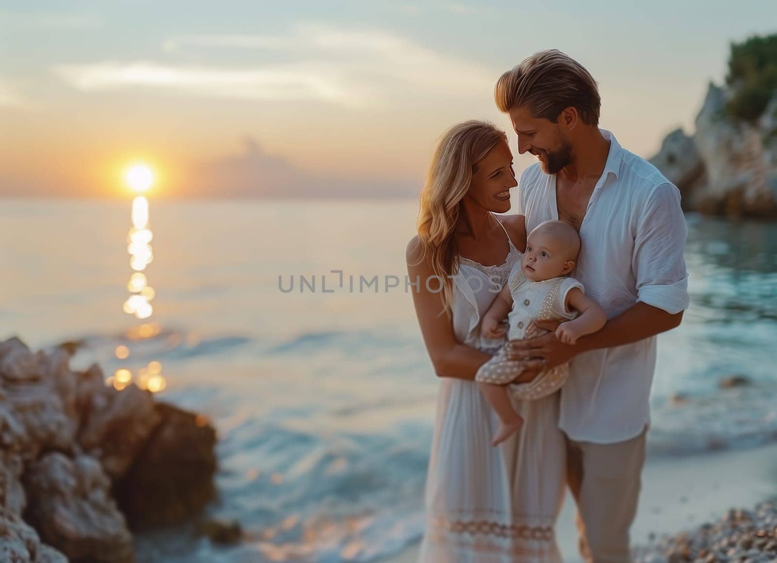 A man and woman lovingly cradle a baby on a picturesque beach, with the sparkling sea as the backdrop. The family enjoys a precious moment of togetherness, surrounded by the soothing sounds of the waves.