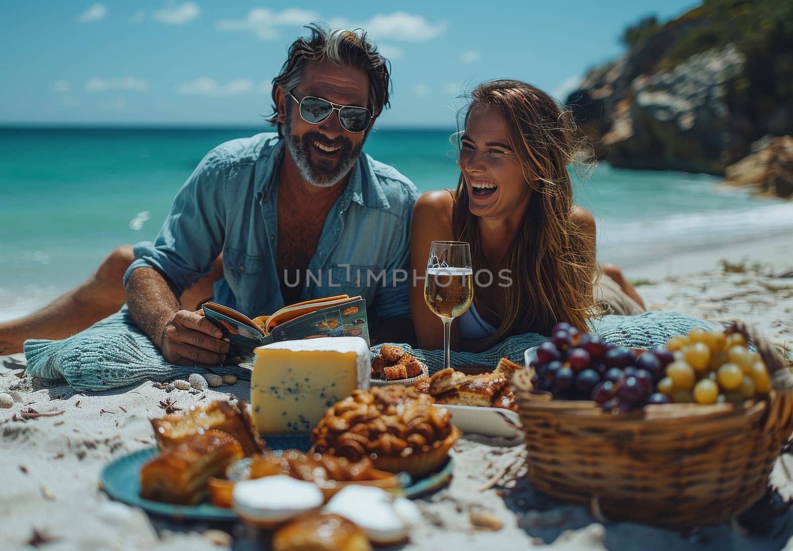 A man and woman are lying on a sandy beach, surrounded by delicious food. They are laughing, reading a book, and enjoying the beautiful coastal view.