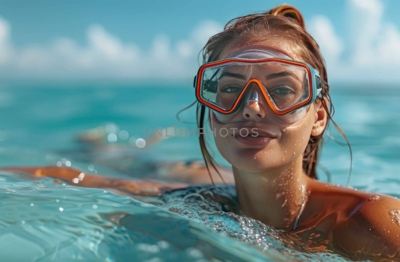 A woman gracefully navigates the ocean depths, her body cutting through the water as she wears goggles to explore the underwater world.