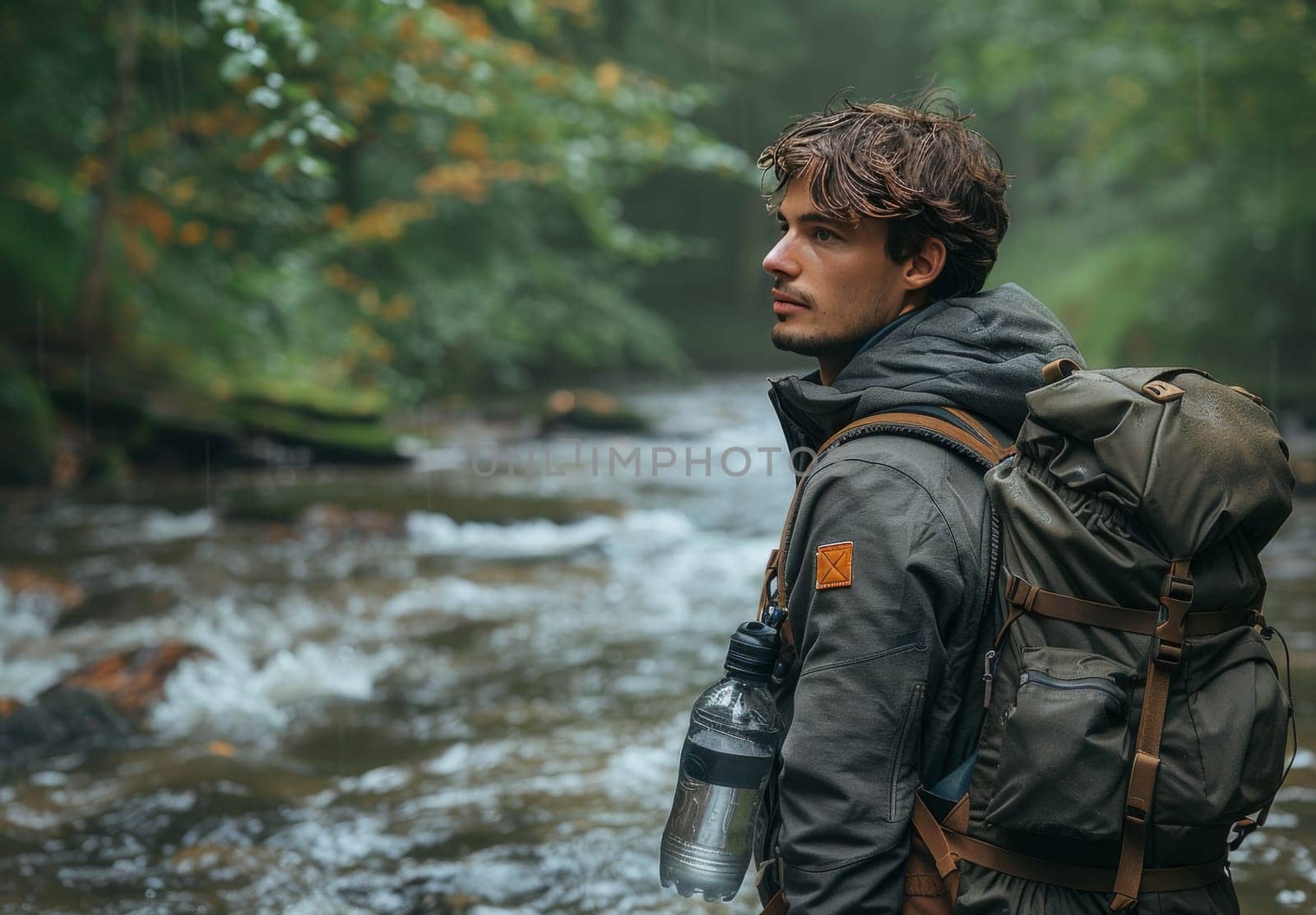 A lone hiker, clad in a dark jacket and carrying a backpack, pauses by a rushing stream in a verdant forest. The mans face, contemplative and focused, suggests a deep connection with the natural world. The gentle roar of the water and the serene surroundings evoke a sense of tranquility and adventure.