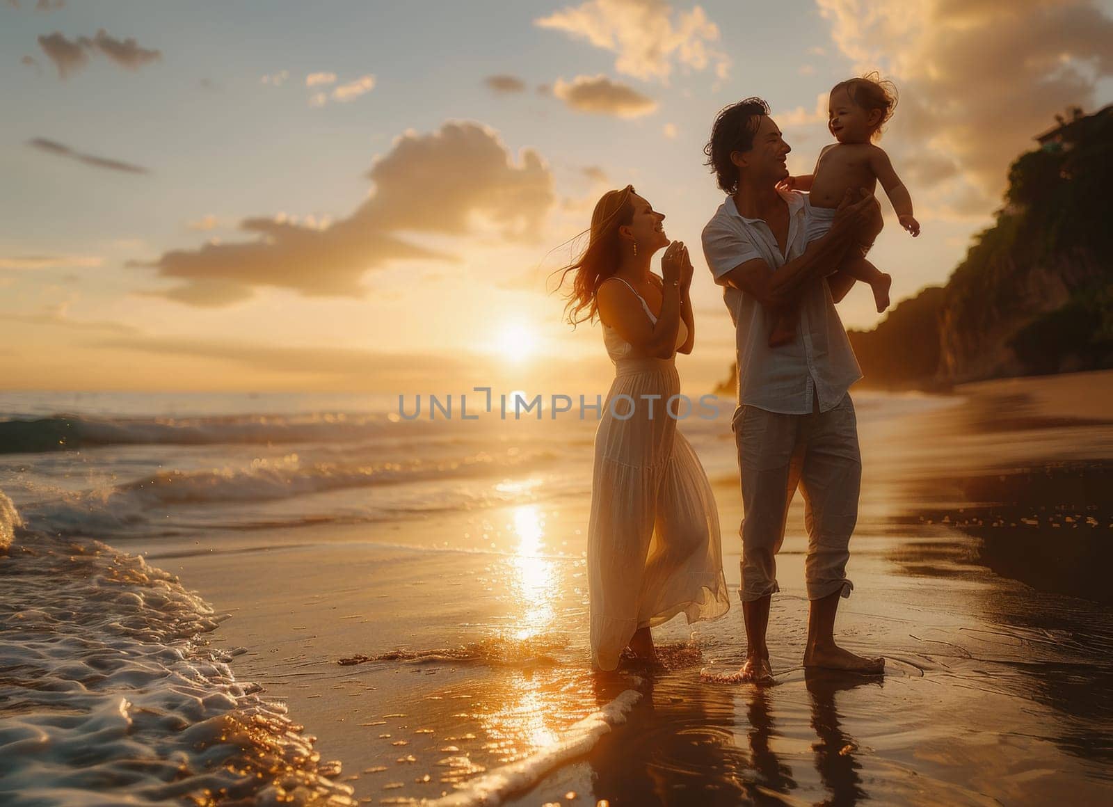 A man and woman lovingly embrace while holding their newborn baby on a serene beach at sunset. The family of three shares a precious moment filled with joy and tenderness.