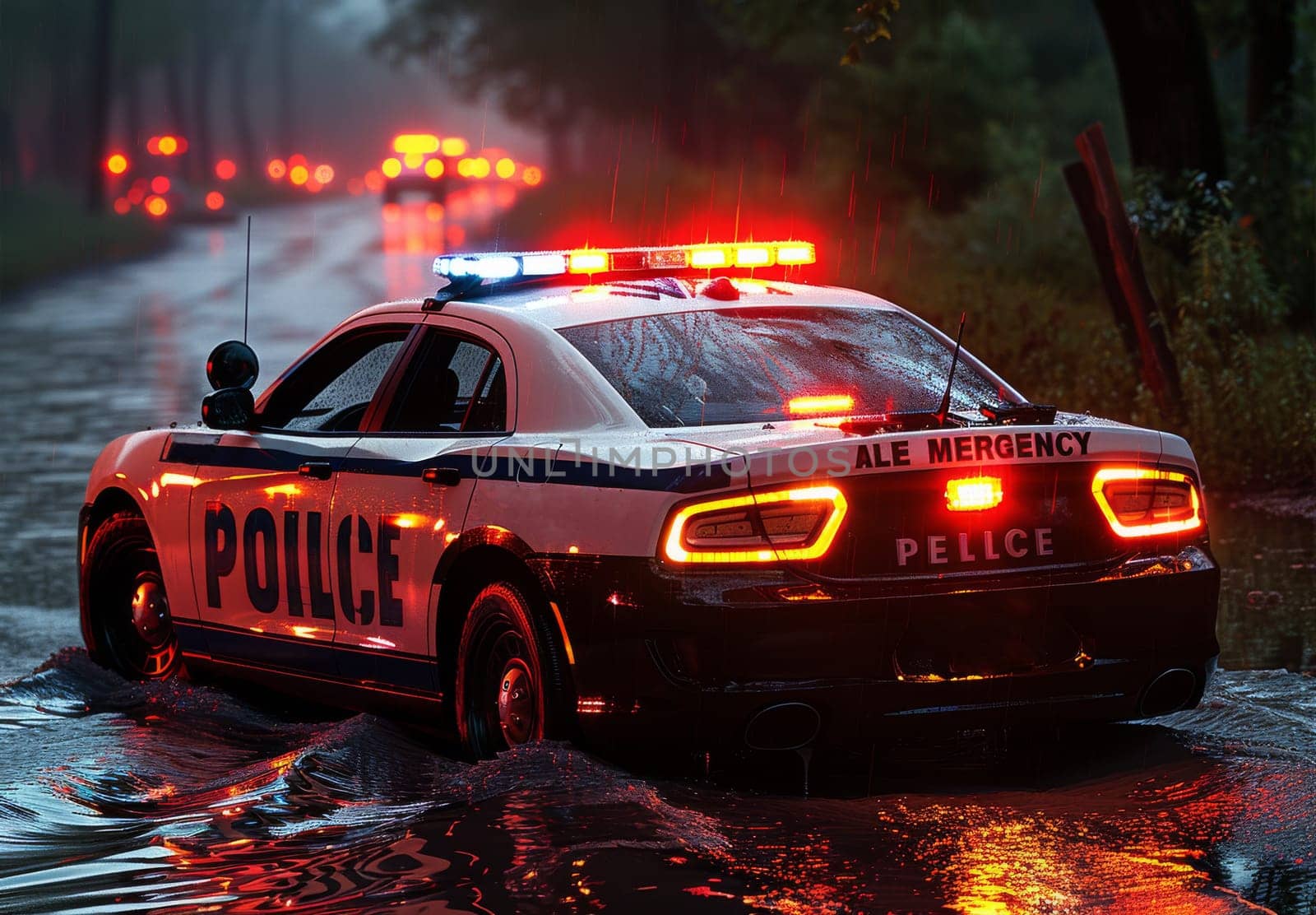 A rear view of a police cruiser driving through a flooded street, with its red and blue lights flashing. The car is traveling on a wet asphalt road, and the background is obscured by heavy rain and foliage. The image captures the sense of urgency and danger of emergency services during a storm.