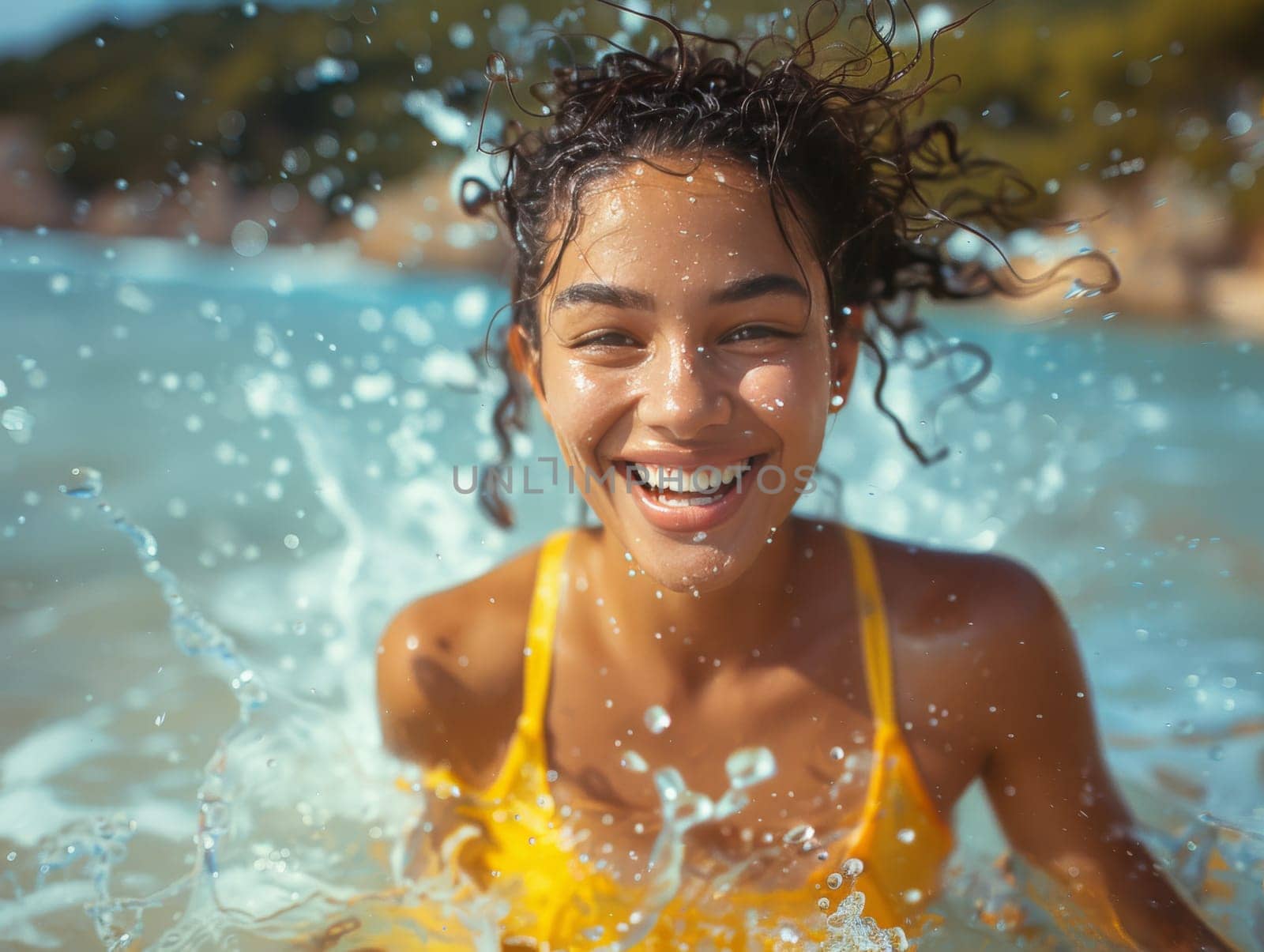 A joyful woman in a vibrant yellow bikini playfully splashes in the crystal-clear water of the sea on a sunny day.
