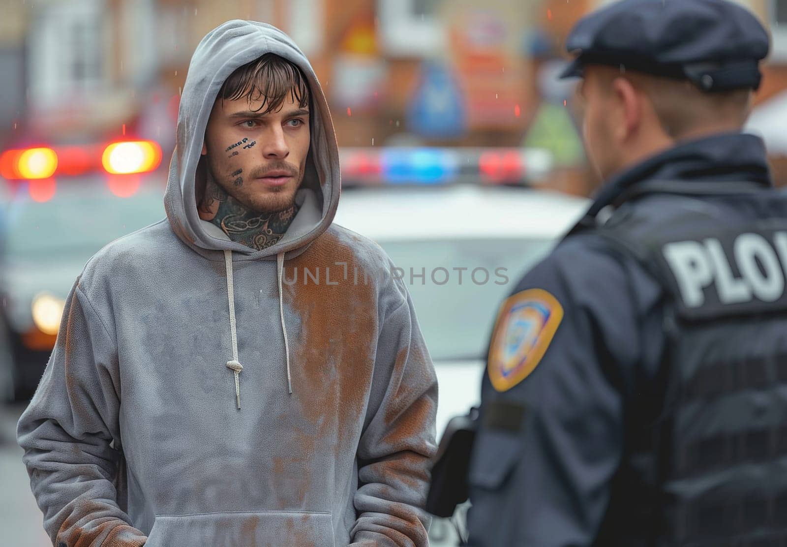 A young man in a grey hoodie, with tattoos on his face and neck, is being led away by a police officer in a dark uniform. The man looks down as he walks, while the officer seems to be looking straight ahead. There is a blurred police car in the background and a street with houses visible.