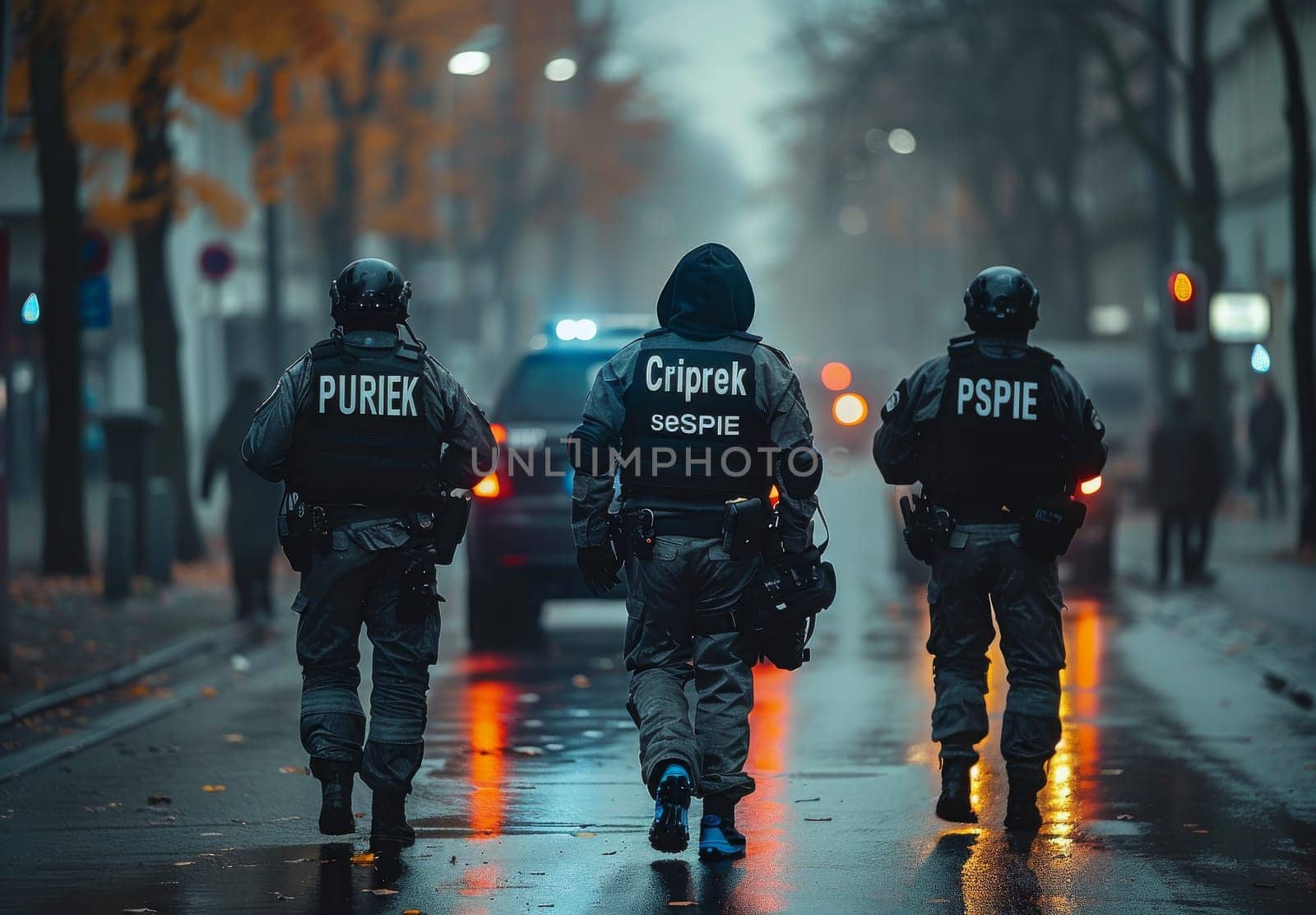 This image shows three police officers walking down a city street. The officers are wearing black uniforms with protective gear and helmets. The officers are walking in the rain and the street is wet. The image is taken from the perspective of someone behind the officers, so their faces are not visible.